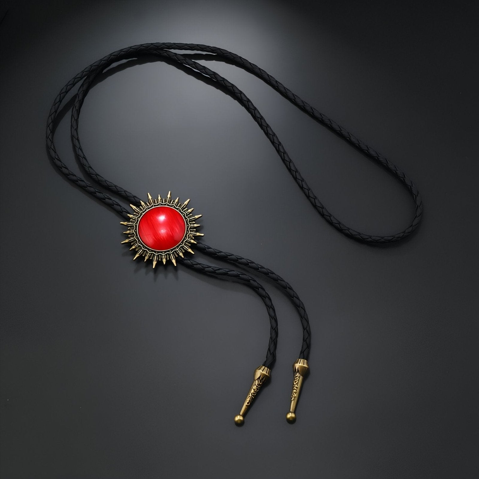 Collier bolo tie unisexe, médaillon cabochon soleil, cordon en cuir noir