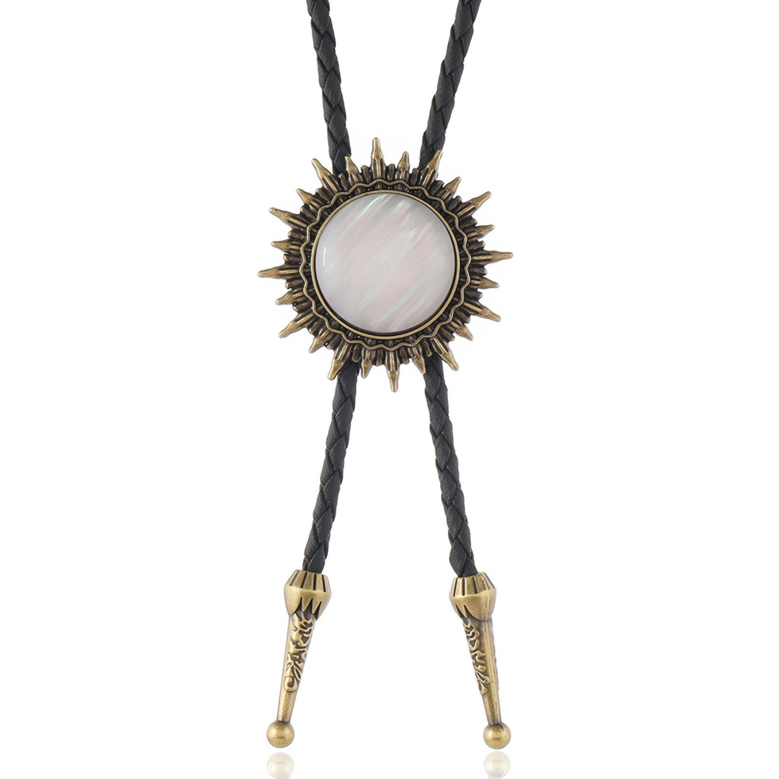 Collier bolo tie unisexe, médaillon cabochon soleil, cordon en cuir noir