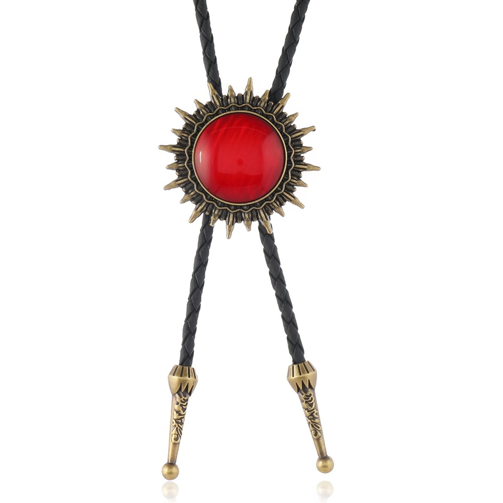 Collier bolo tie unisexe, médaillon cabochon soleil, cordon en cuir noir