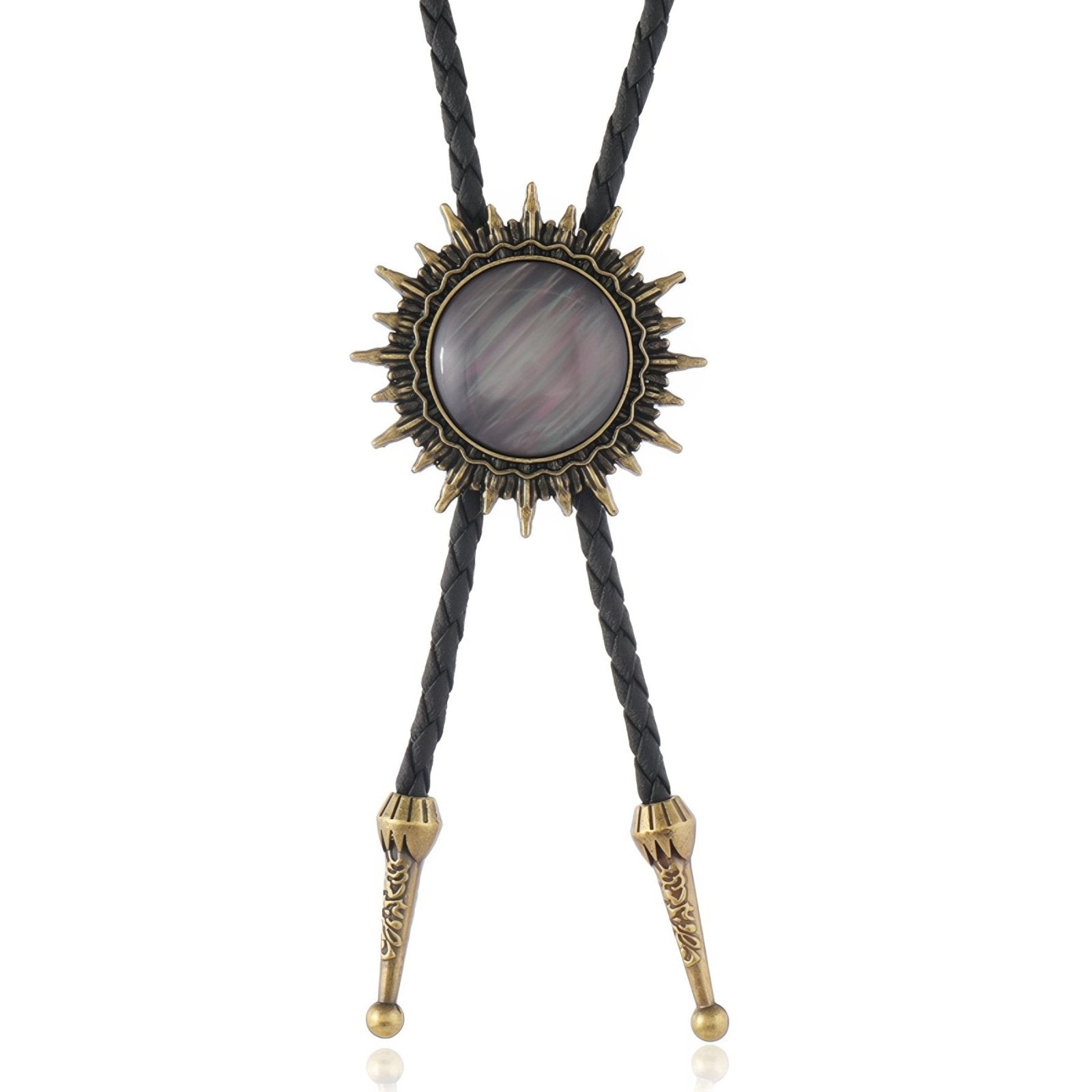 Collier bolo tie unisexe, médaillon cabochon soleil, cordon en cuir noir