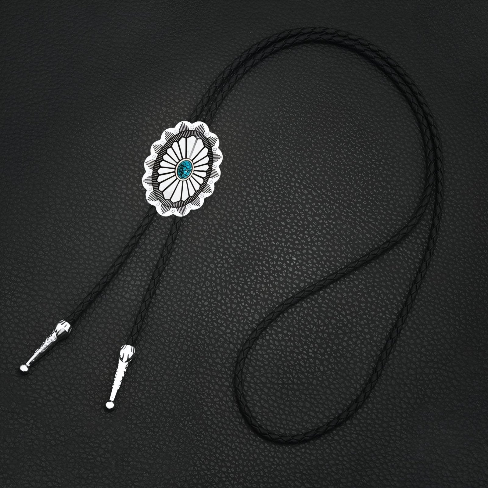 Collier bolo tie unisexe, médaillon motif tribal et pierre turquoise, cordon en cuir noir, style amérindien