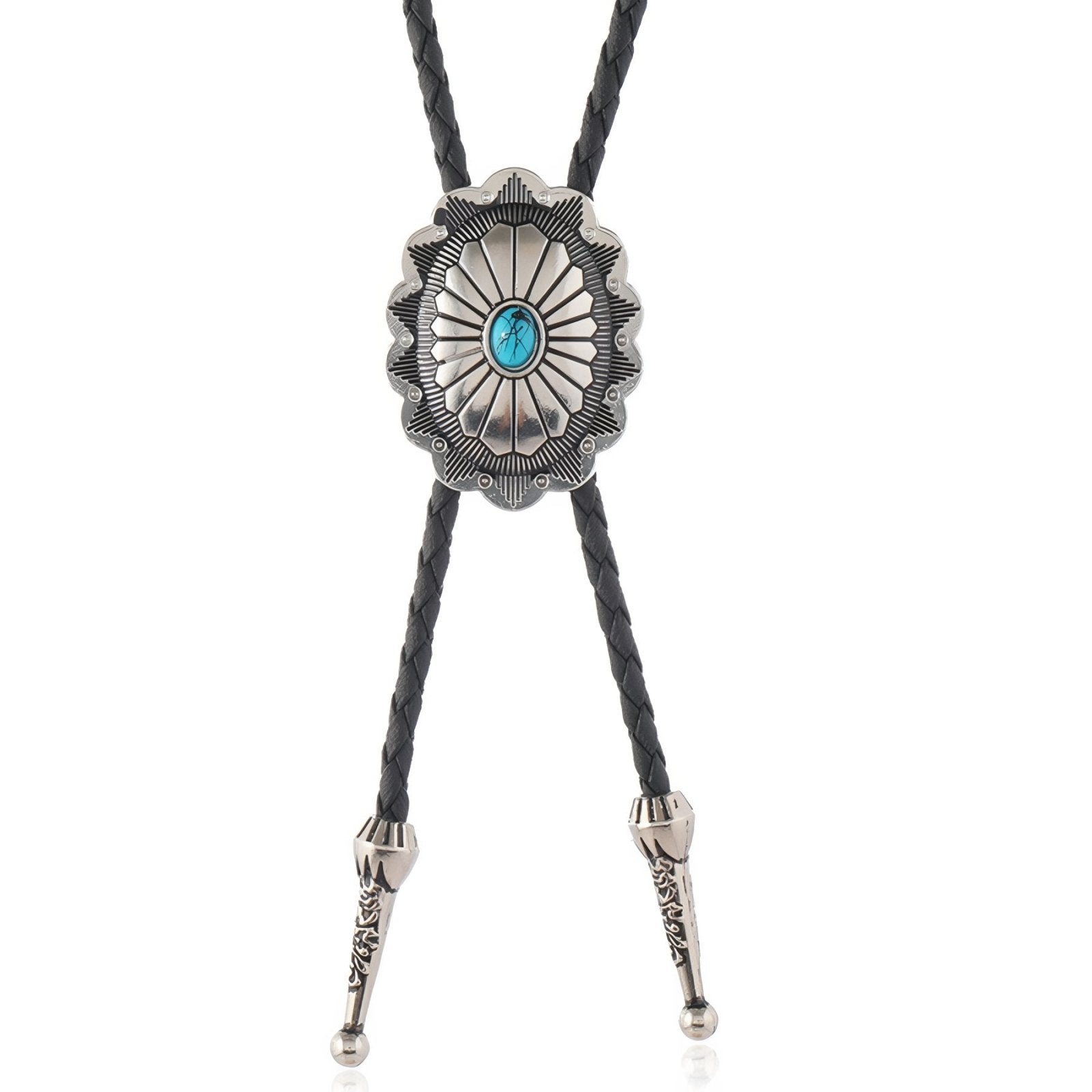 Collier bolo tie unisexe, médaillon motif tribal et pierre turquoise, cordon en cuir noir, style amérindien