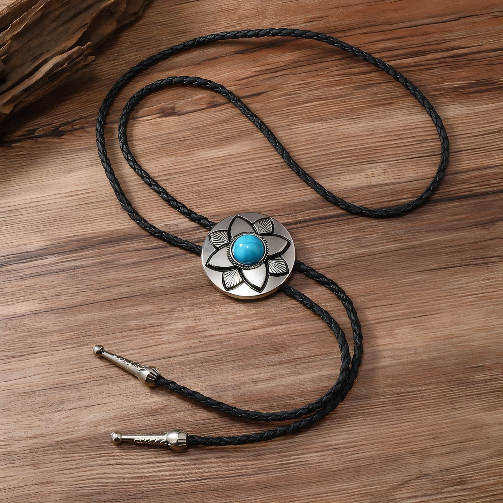 Collier bolo tie unisexe, médaillon rond floral et pierre turquoise ou noire, style western vintage