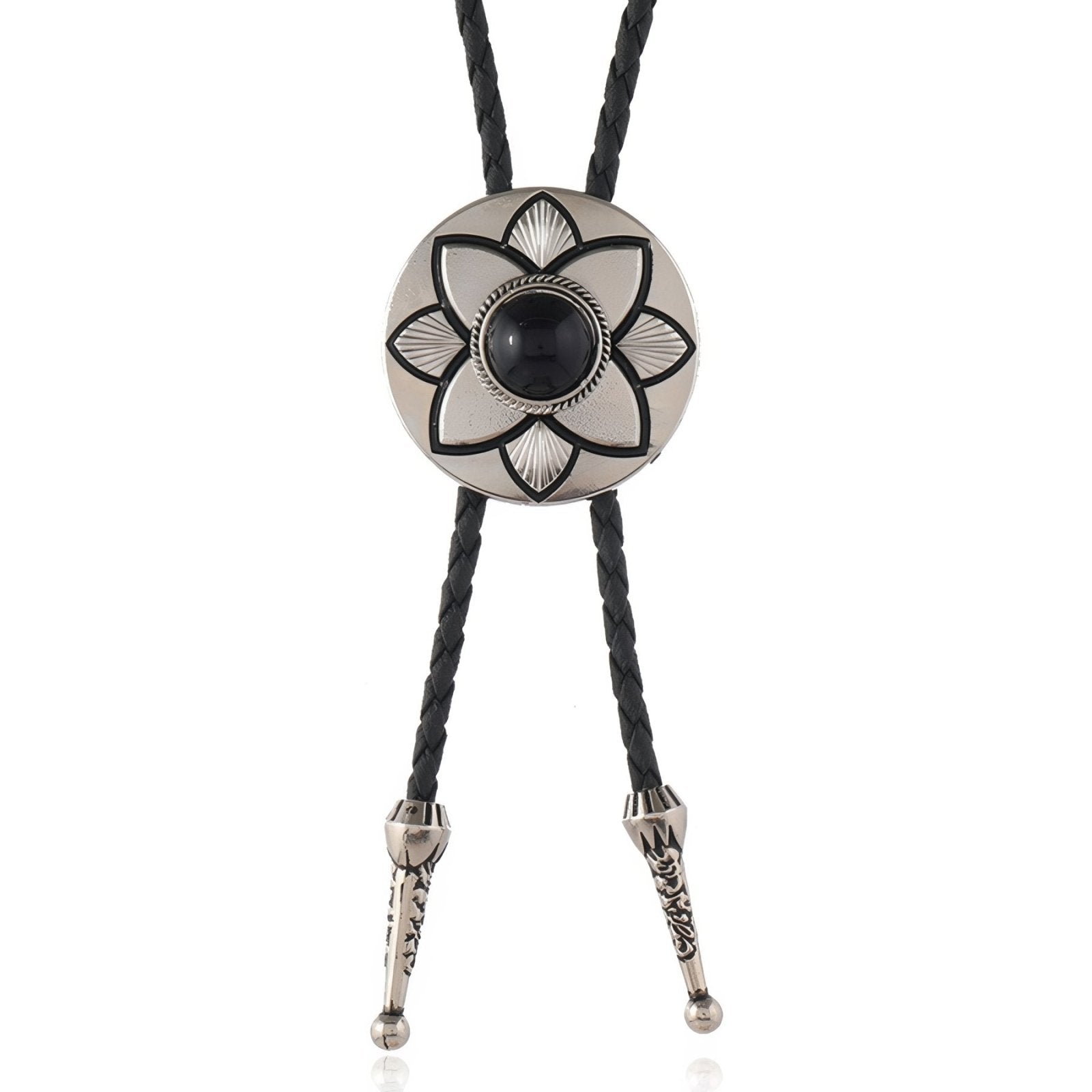 Collier bolo tie unisexe, médaillon rond floral et pierre turquoise ou noire, style western vintage