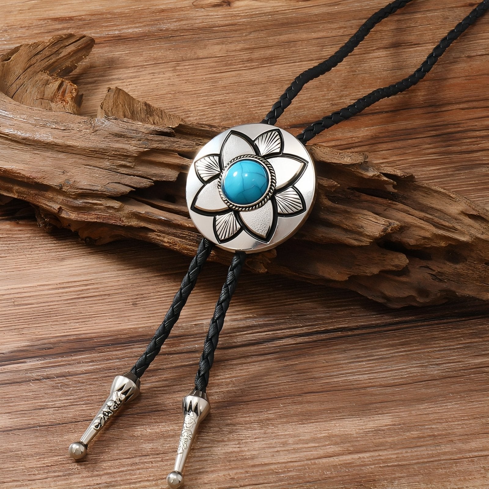Collier bolo tie unisexe, médaillon rond floral et pierre turquoise ou noire, style western vintage