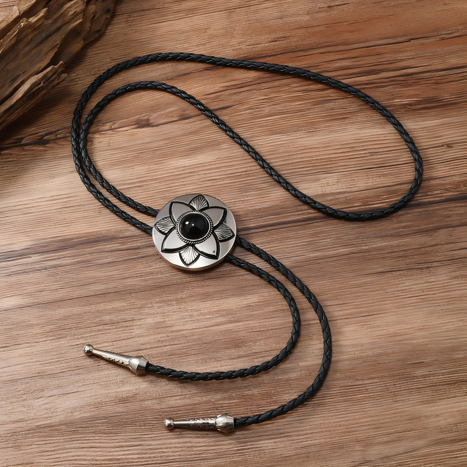 Collier bolo tie unisexe, médaillon rond floral et pierre turquoise ou noire, style western vintage