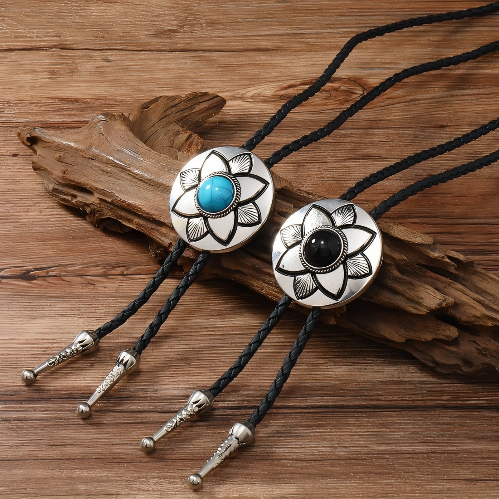 Collier bolo tie unisexe, médaillon rond floral et pierre turquoise ou noire, style western vintage