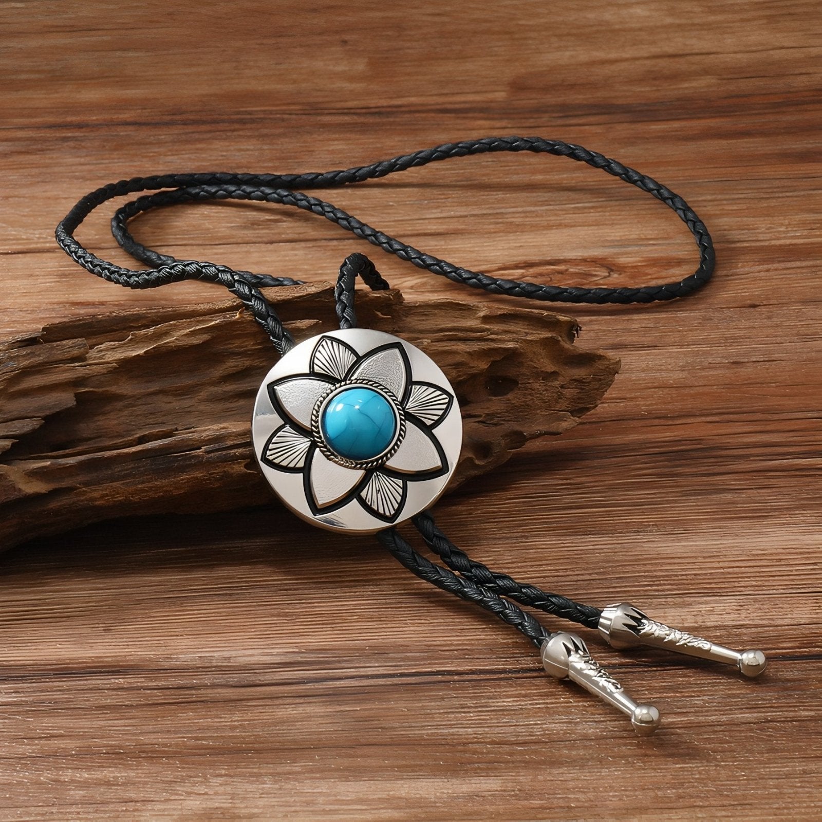 Collier bolo tie unisexe, médaillon rond floral et pierre turquoise ou noire, style western vintage