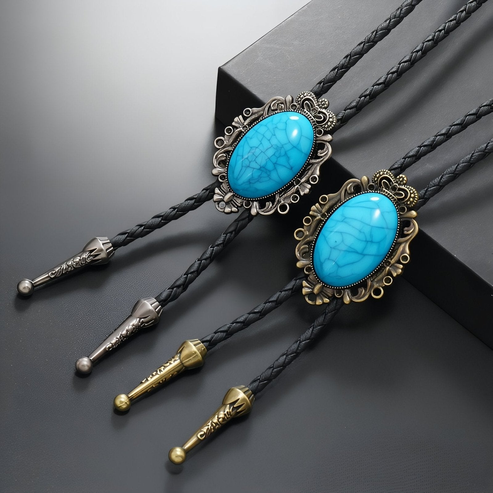 Collier bolo tie unisexe, médaillon vintage baroque avec pierre turquoise, style western bohème