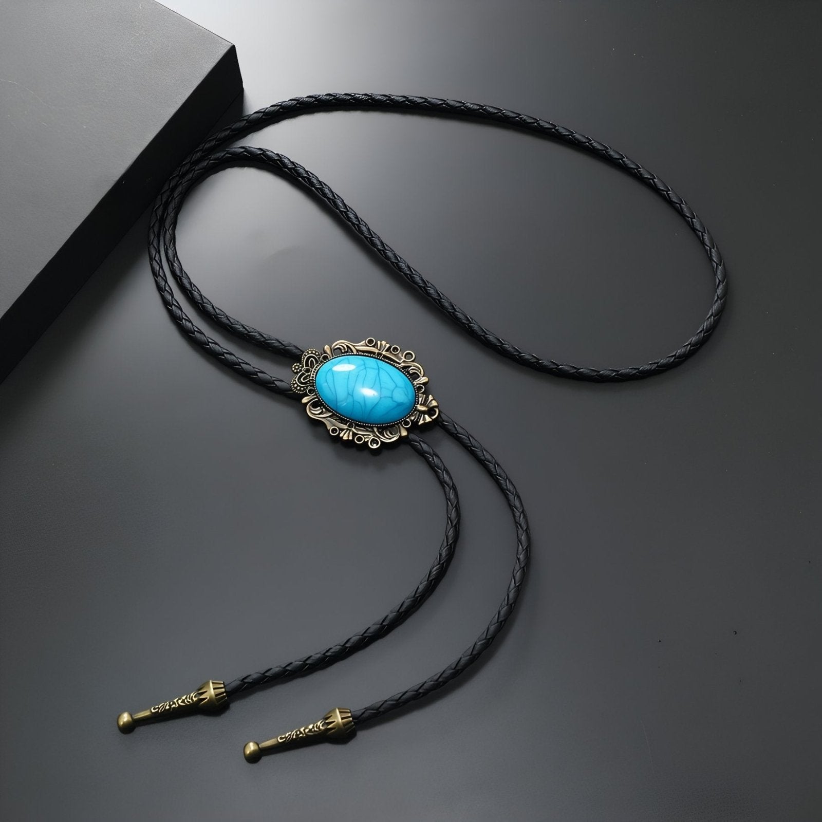 Collier bolo tie unisexe, médaillon vintage baroque avec pierre turquoise, style western bohème