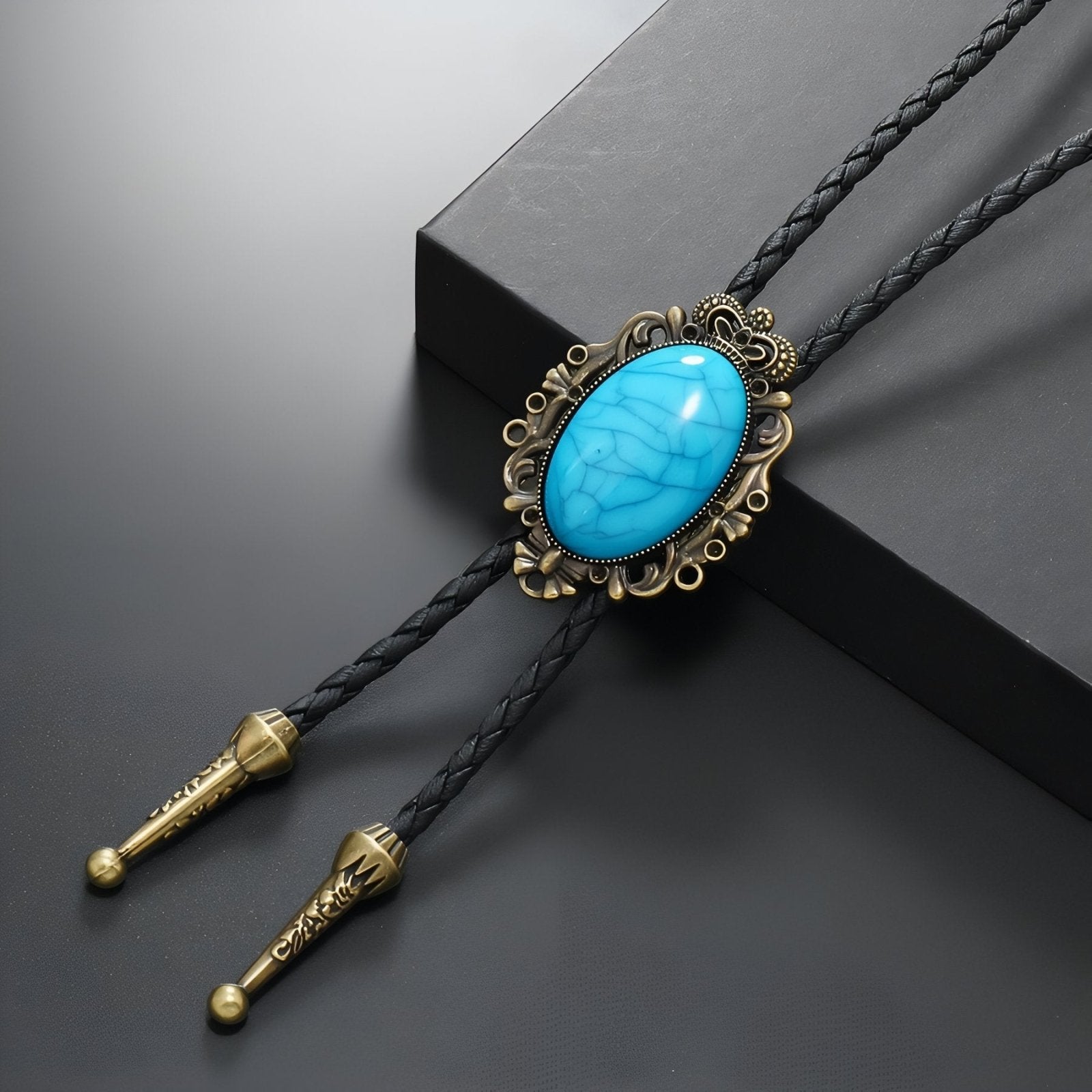 Collier bolo tie unisexe, médaillon vintage baroque avec pierre turquoise, style western bohème