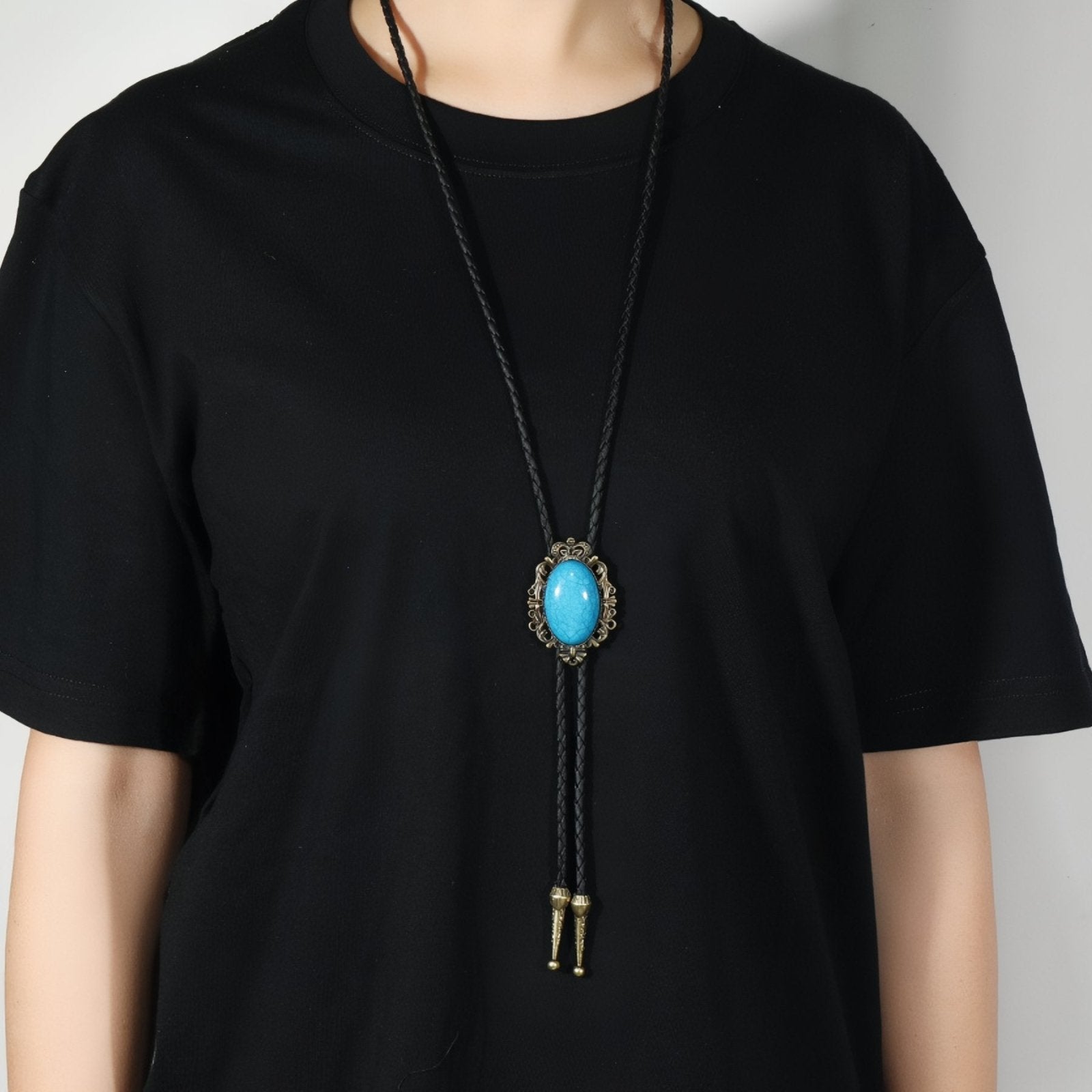 Collier bolo tie unisexe, médaillon vintage baroque avec pierre turquoise, style western bohème