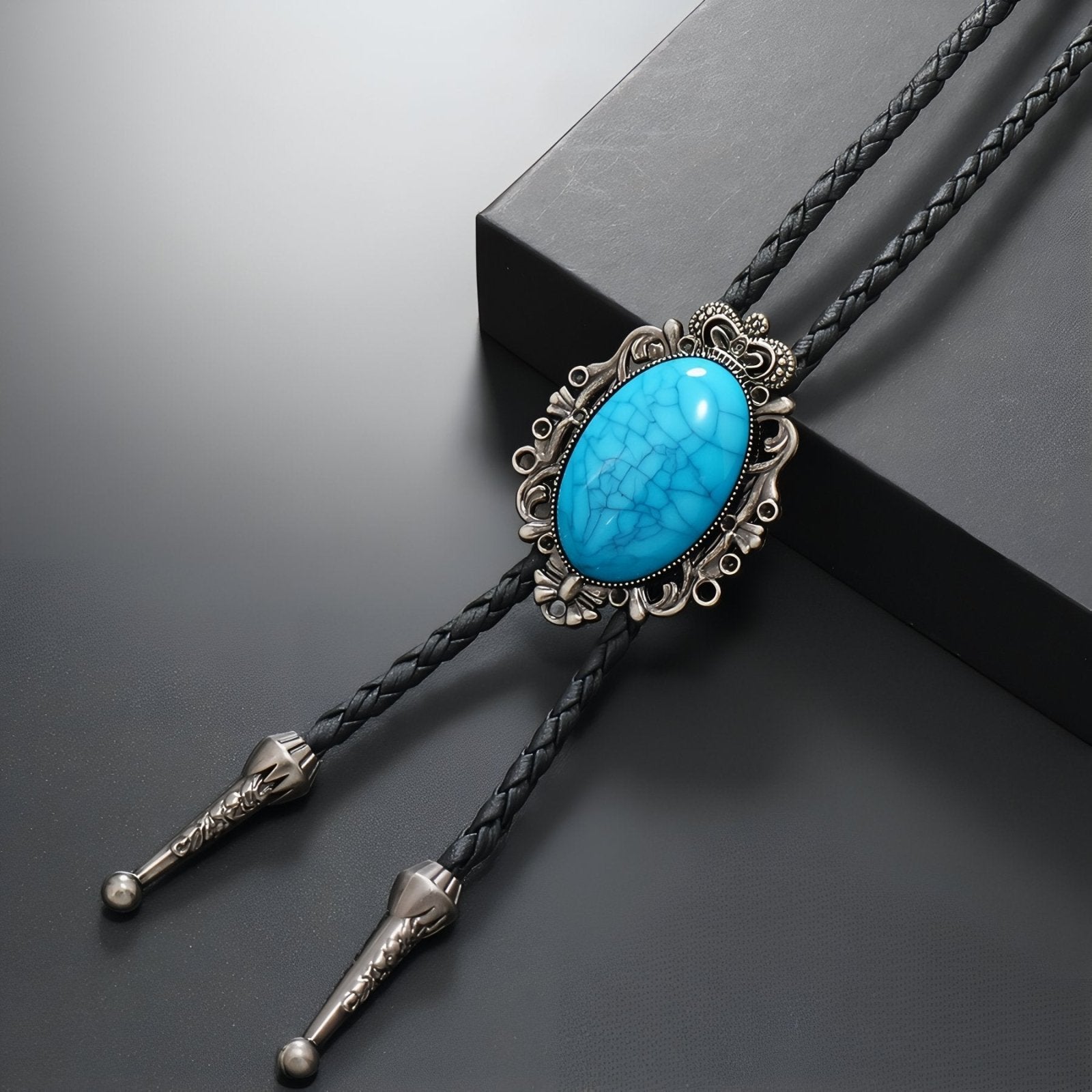 Collier bolo tie unisexe, médaillon vintage baroque avec pierre turquoise, style western bohème