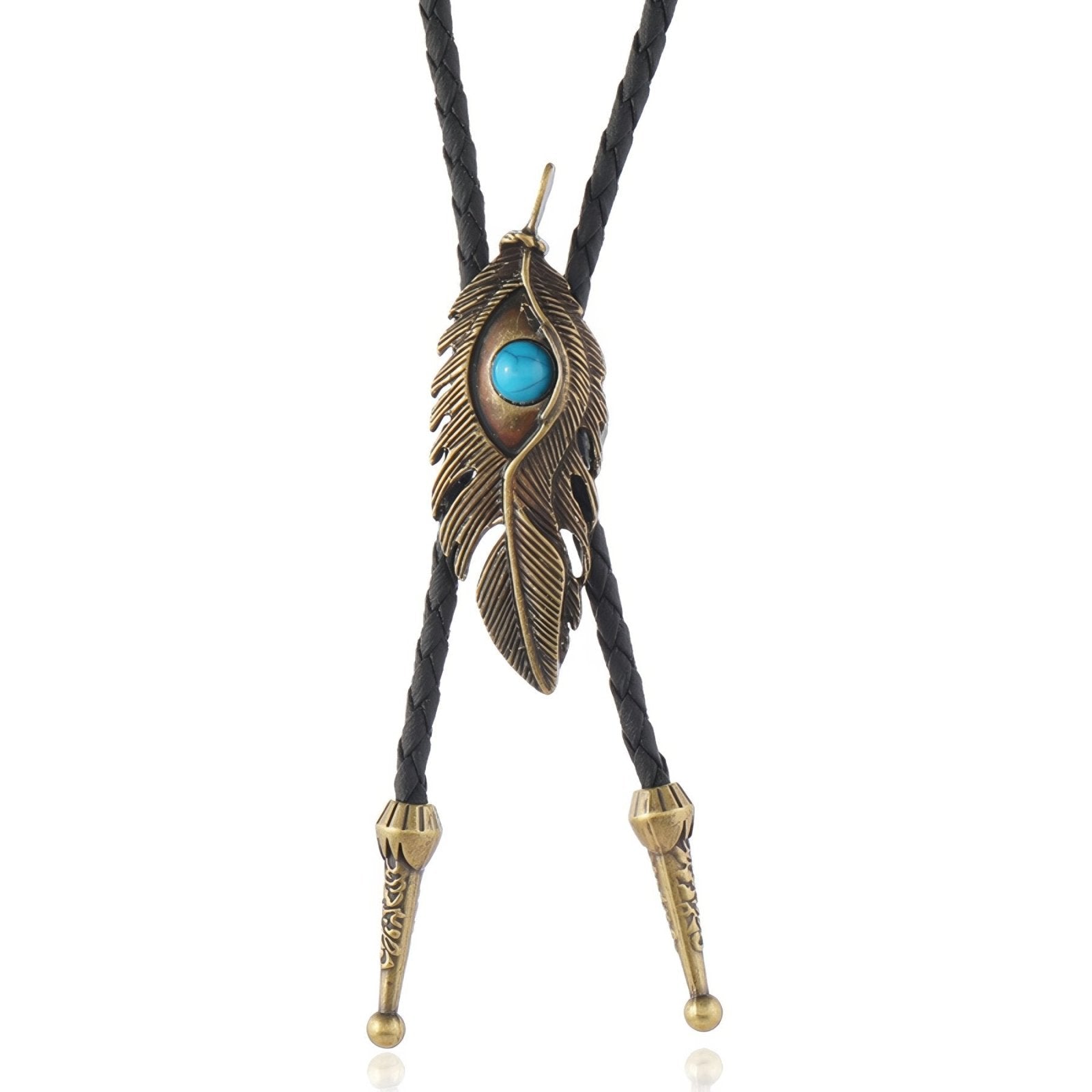 Collier bolo tie unisexe, plume avec pierre turquoise et cordon cuir noir, style amérindien vintage
