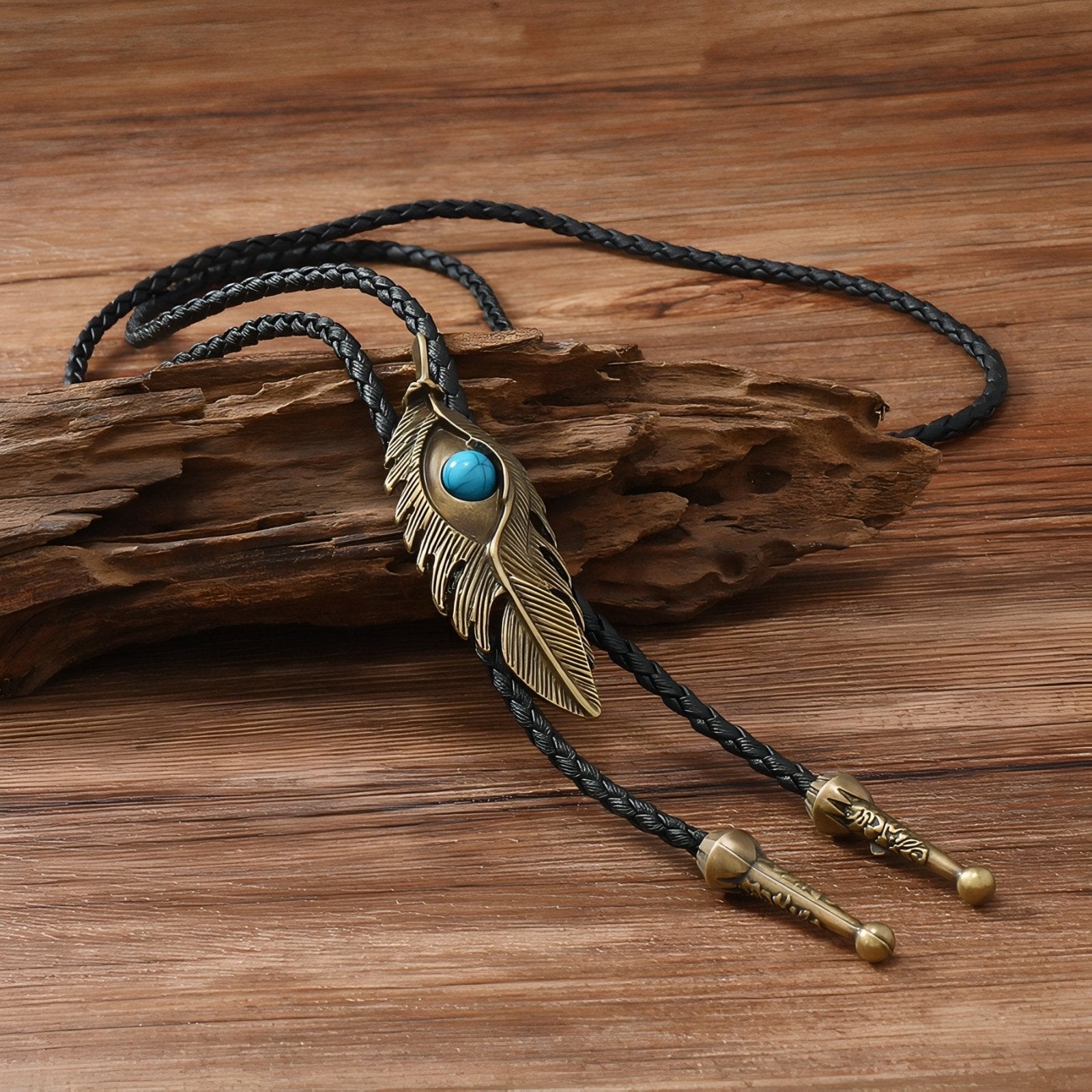 Collier bolo tie unisexe, plume avec pierre turquoise et cordon cuir noir, style amérindien vintage