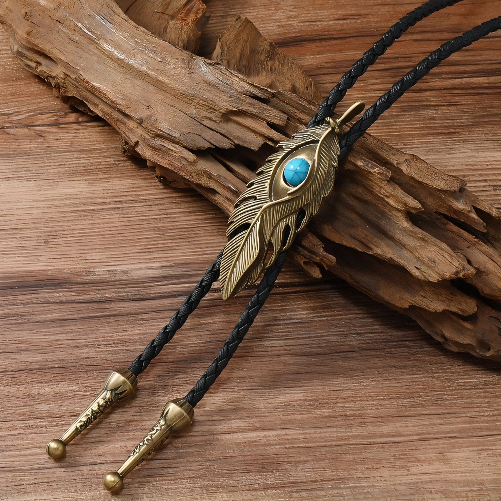 Collier bolo tie unisexe, plume avec pierre turquoise et cordon cuir noir, style amérindien vintage