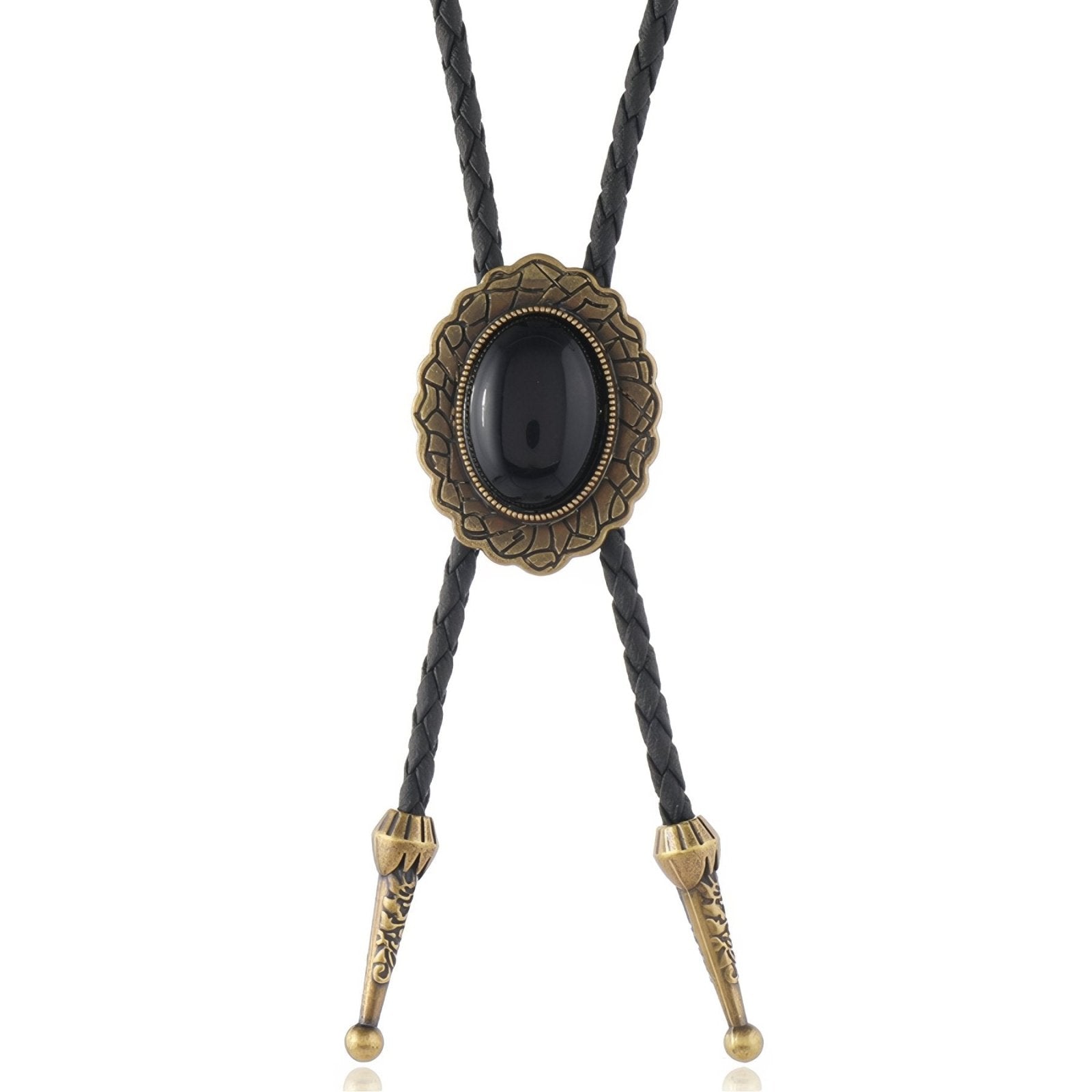 Collier bolo tie unisexe style cow - boy, cuir tressé et pendentif ovale noir, look western vintage