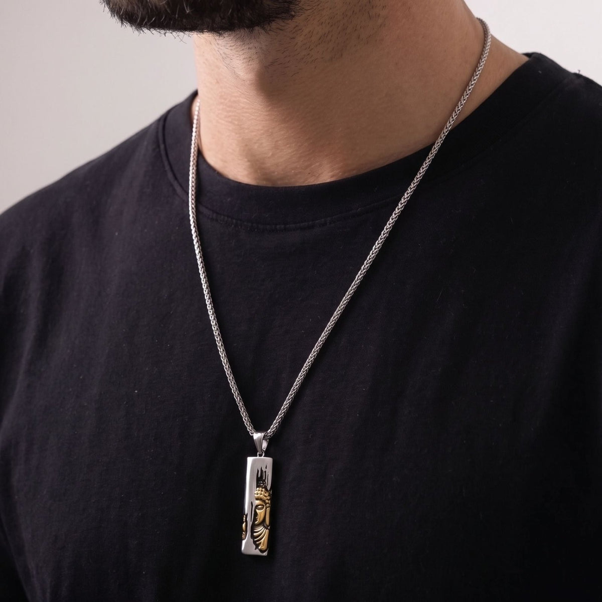 Collier Bouddha pour homme, en acier inoxydable, pendentif spirituel au visage sculpté