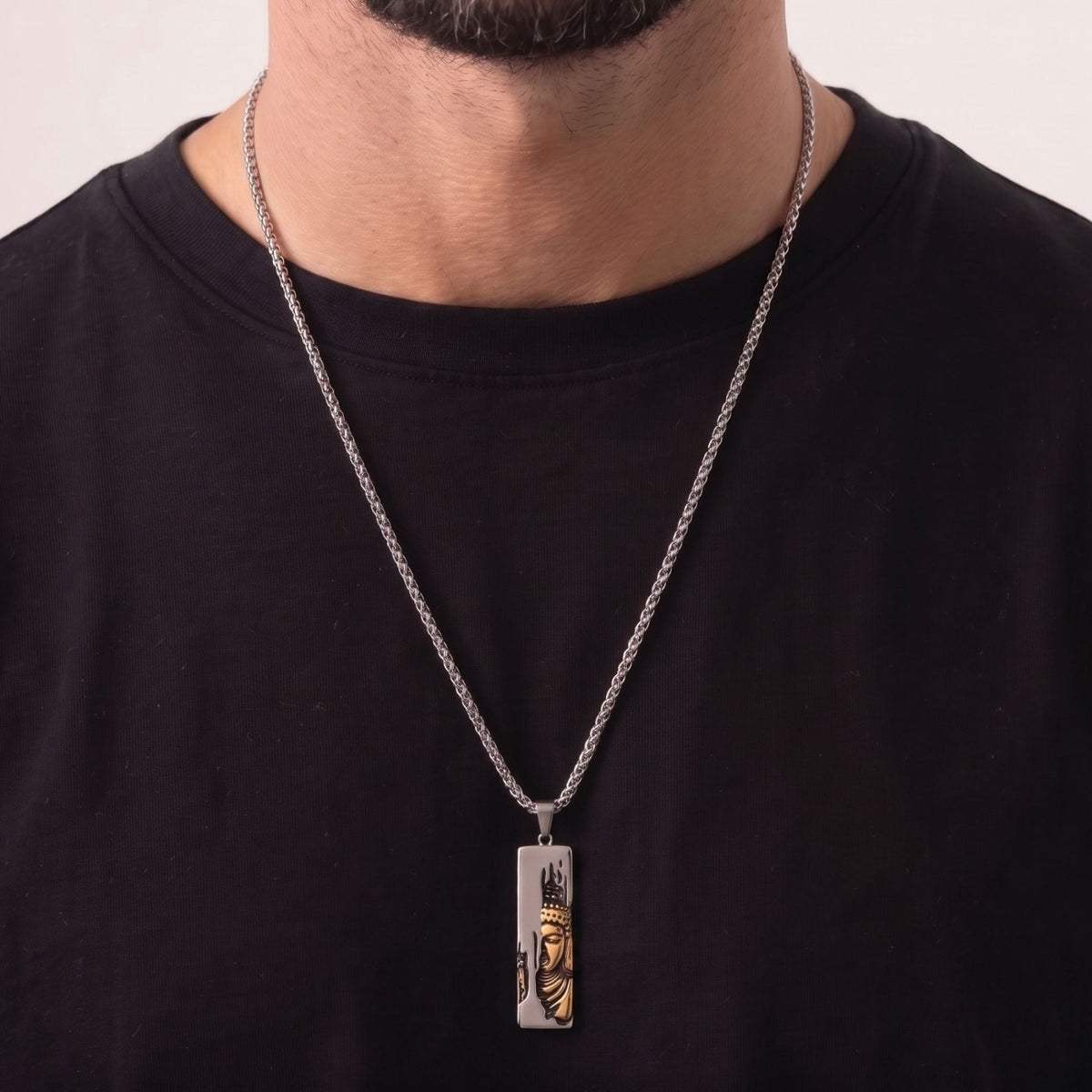 Collier Bouddha pour homme, en acier inoxydable, pendentif spirituel au visage sculpté