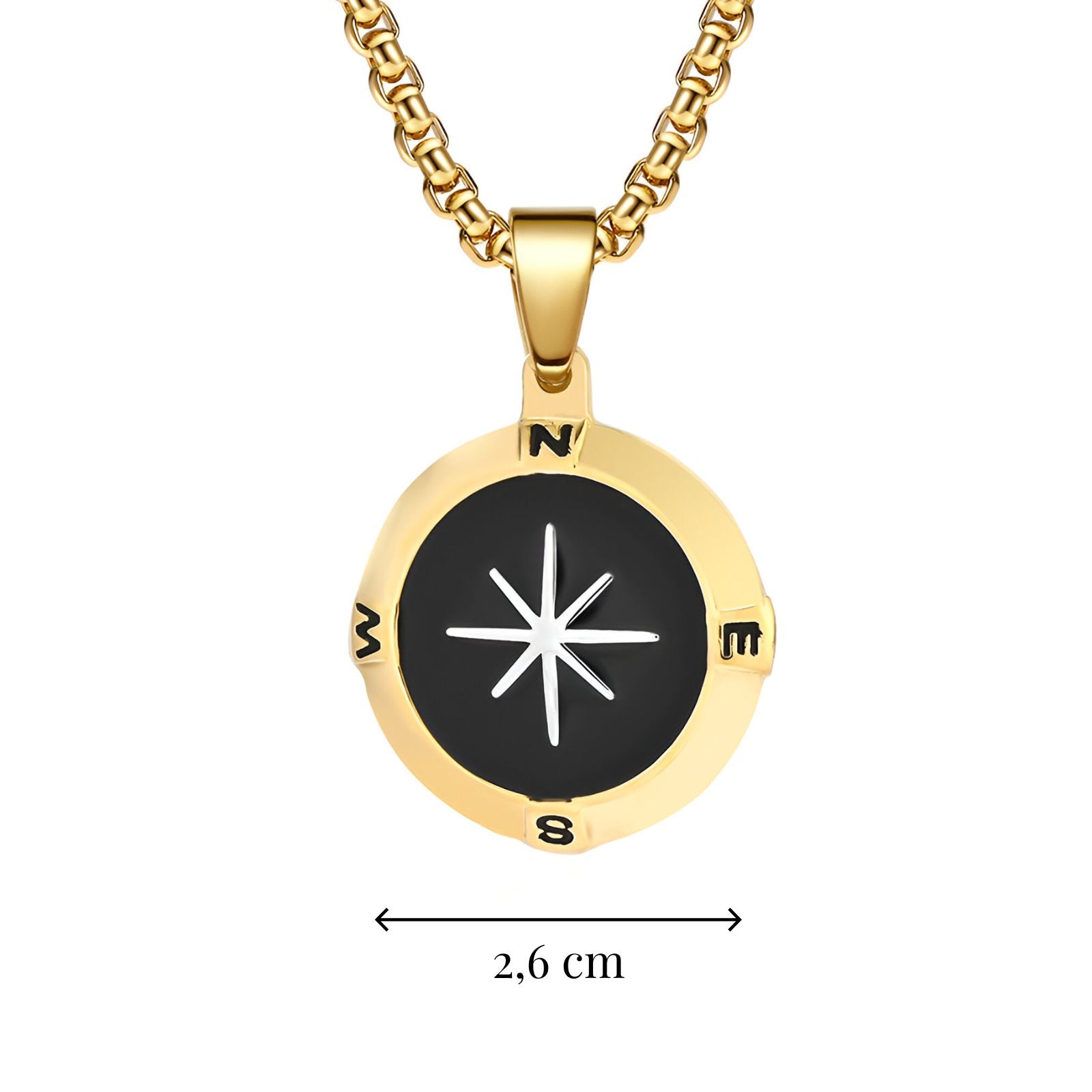 Collier boussole homme en acier, médaillon étoile du Nord noir et doré, modèle Atlas