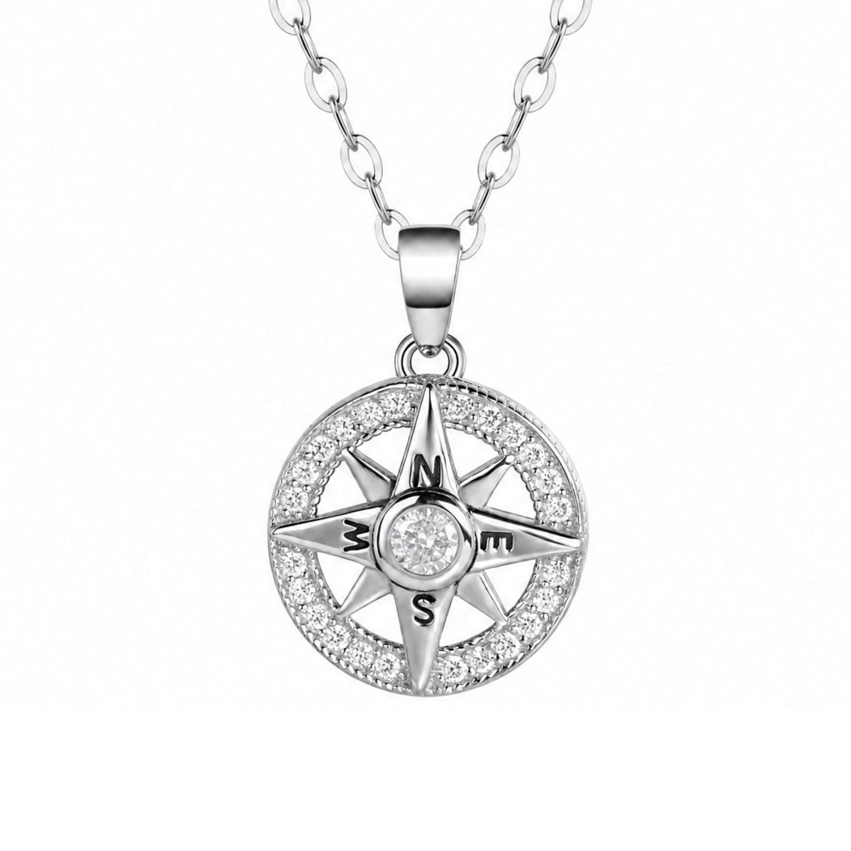 Collier boussole pour femme, en argent 925, avec zircon scintillant