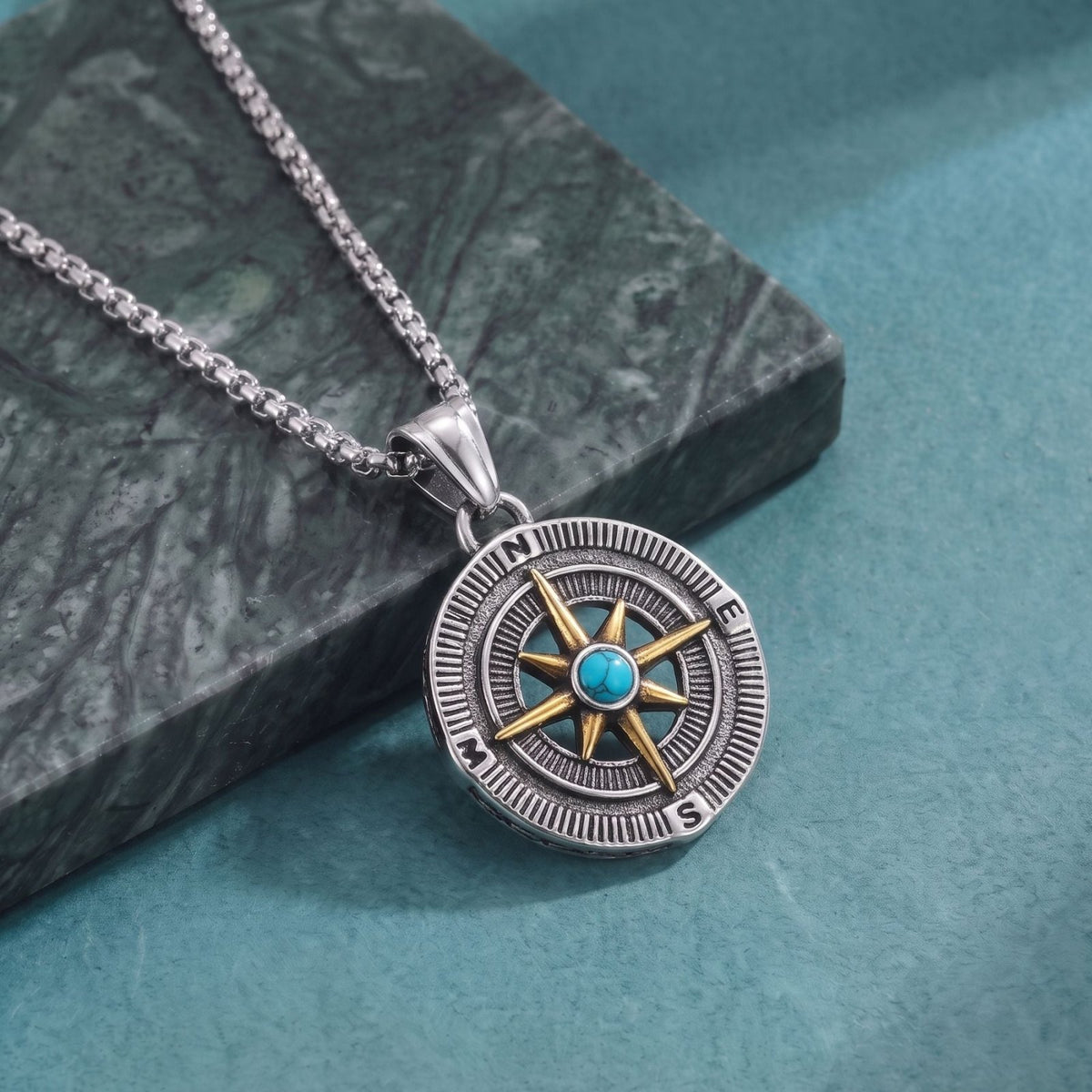 Collier boussole pour homme, en acier inoxydable, pendentif rose des vents avec pierre colorée au centre