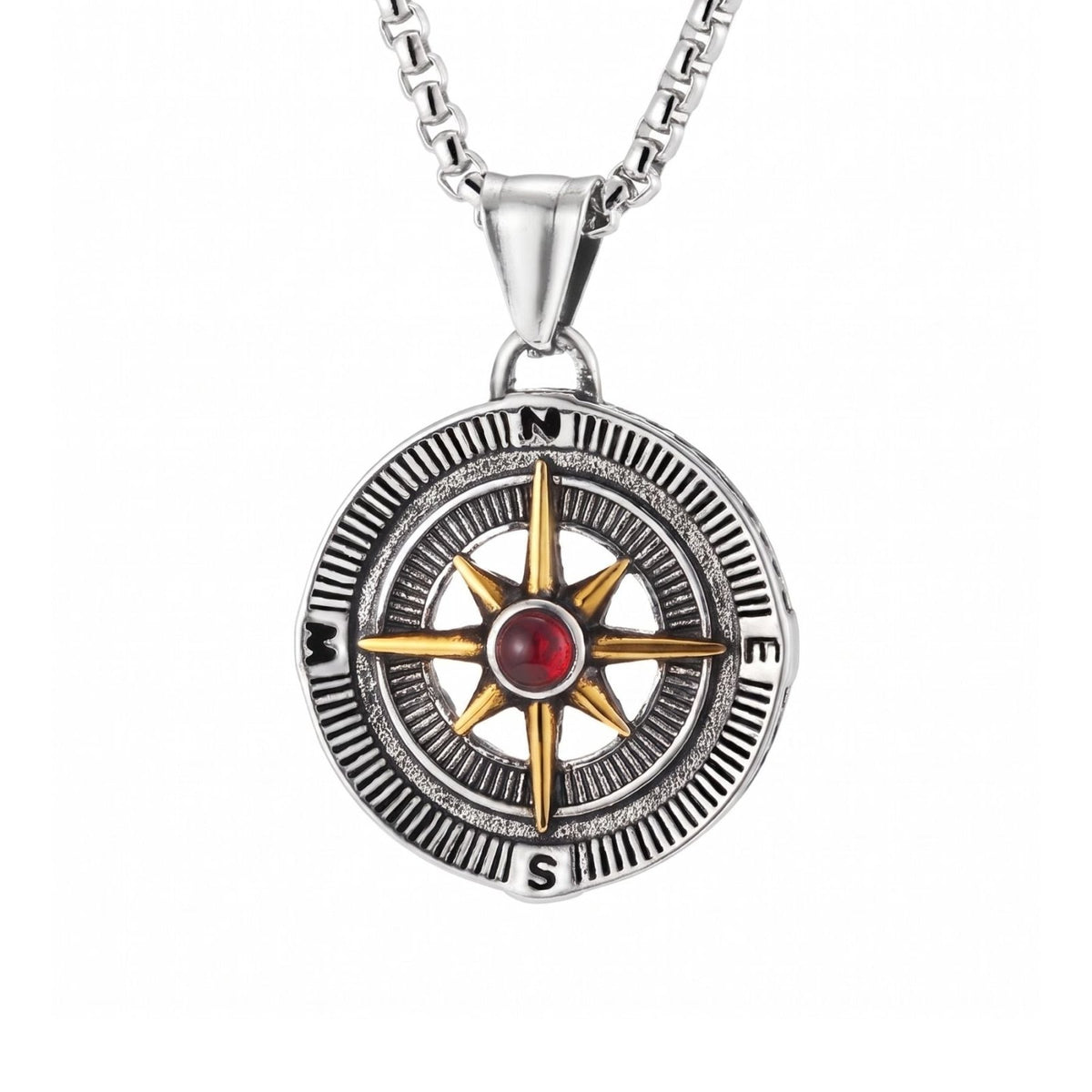 Collier boussole pour homme, en acier inoxydable, pendentif rose des vents avec pierre colorée au centre
