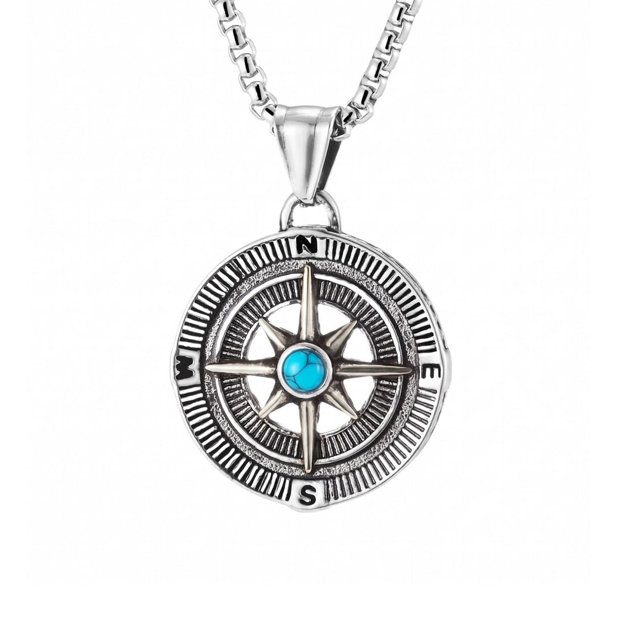 Collier boussole pour homme, en acier inoxydable, pendentif rose des vents avec pierre colorée au centre