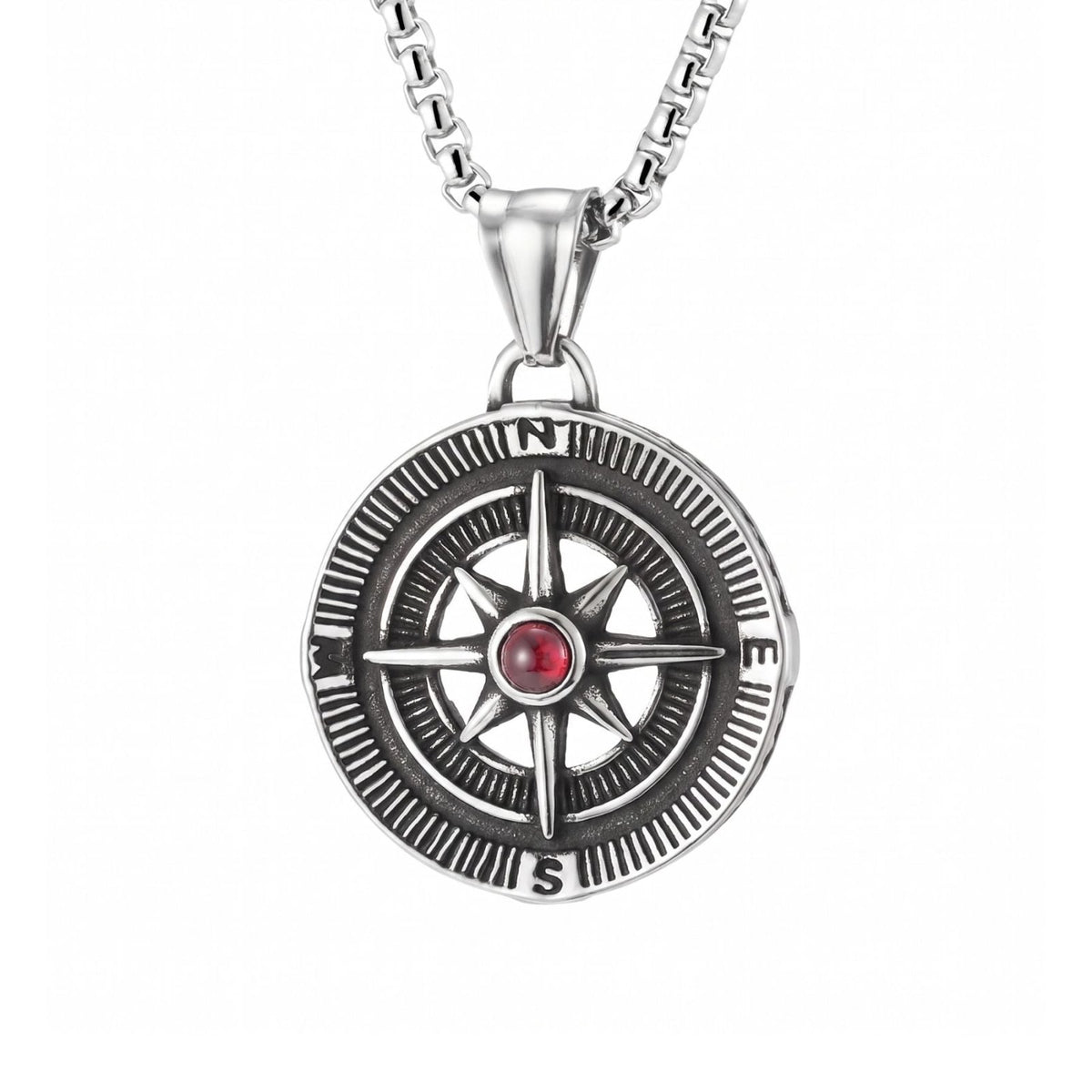 Collier boussole pour homme, en acier inoxydable, pendentif rose des vents avec pierre colorée au centre