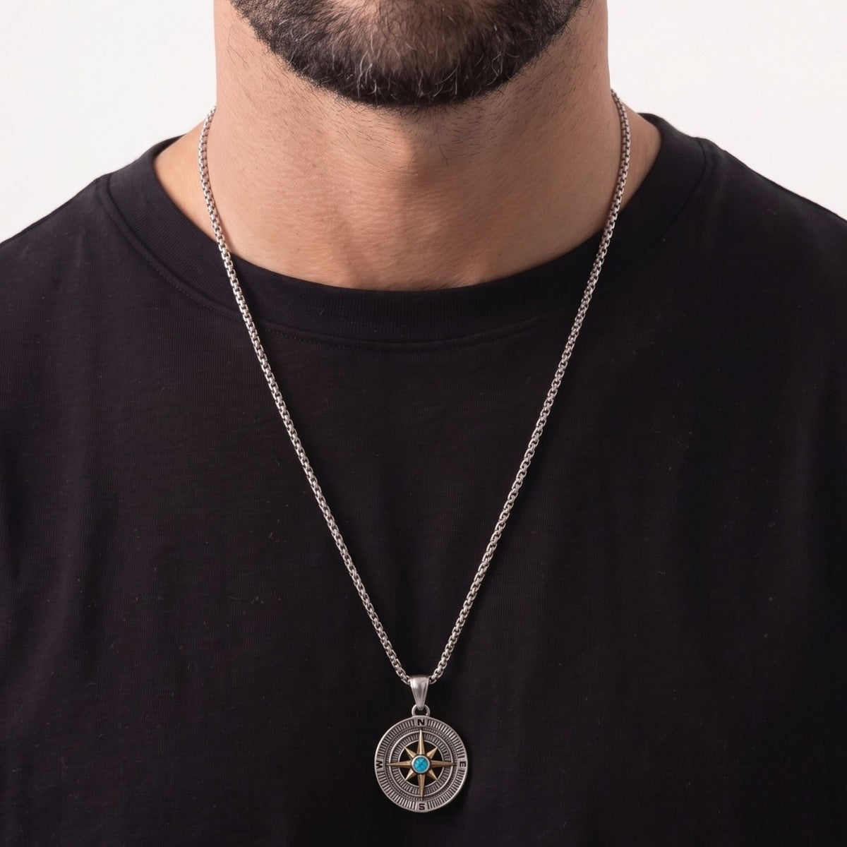 Collier boussole pour homme, en acier inoxydable, pendentif rose des vents avec pierre colorée au centre