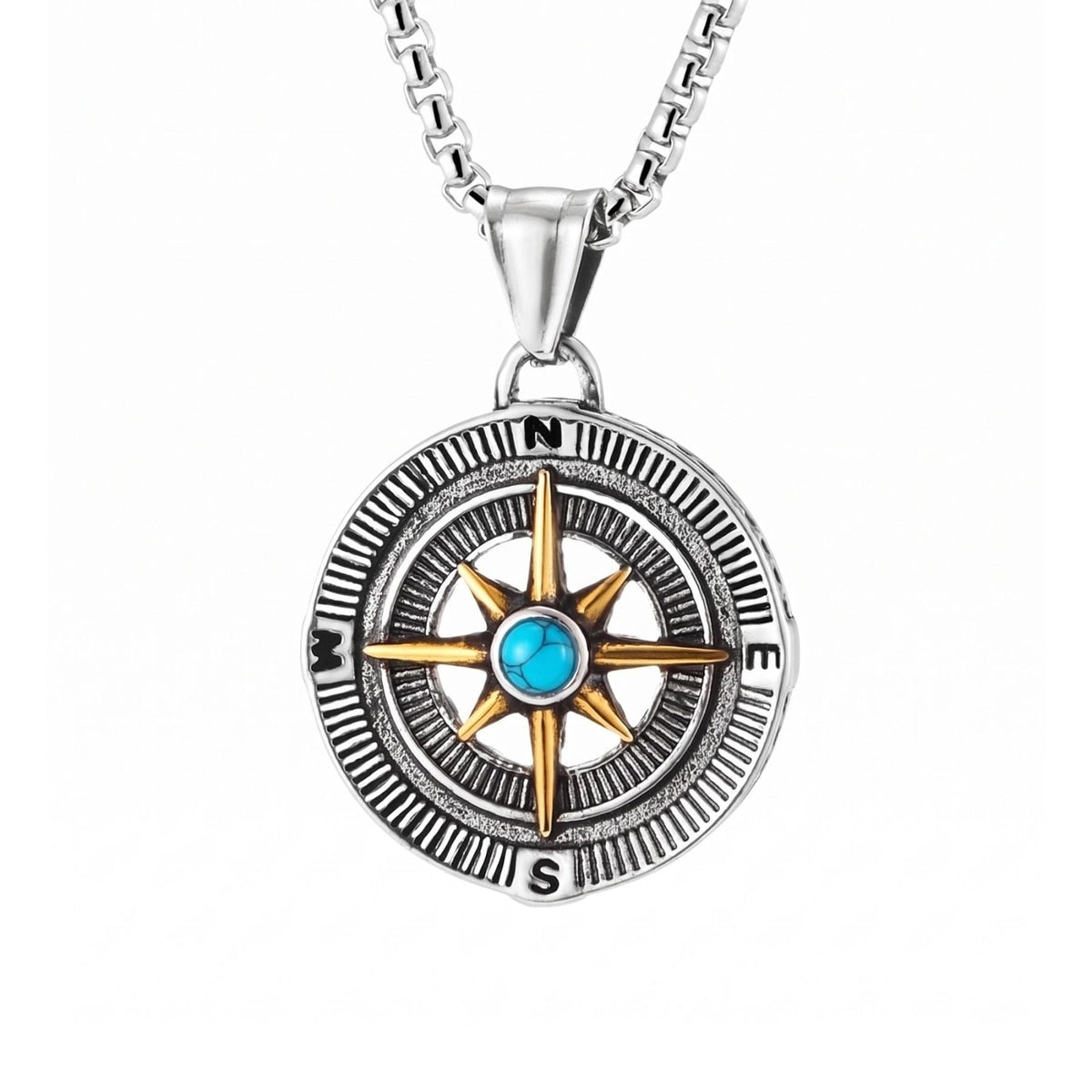 Collier boussole pour homme, en acier inoxydable, pendentif rose des vents avec pierre colorée au centre