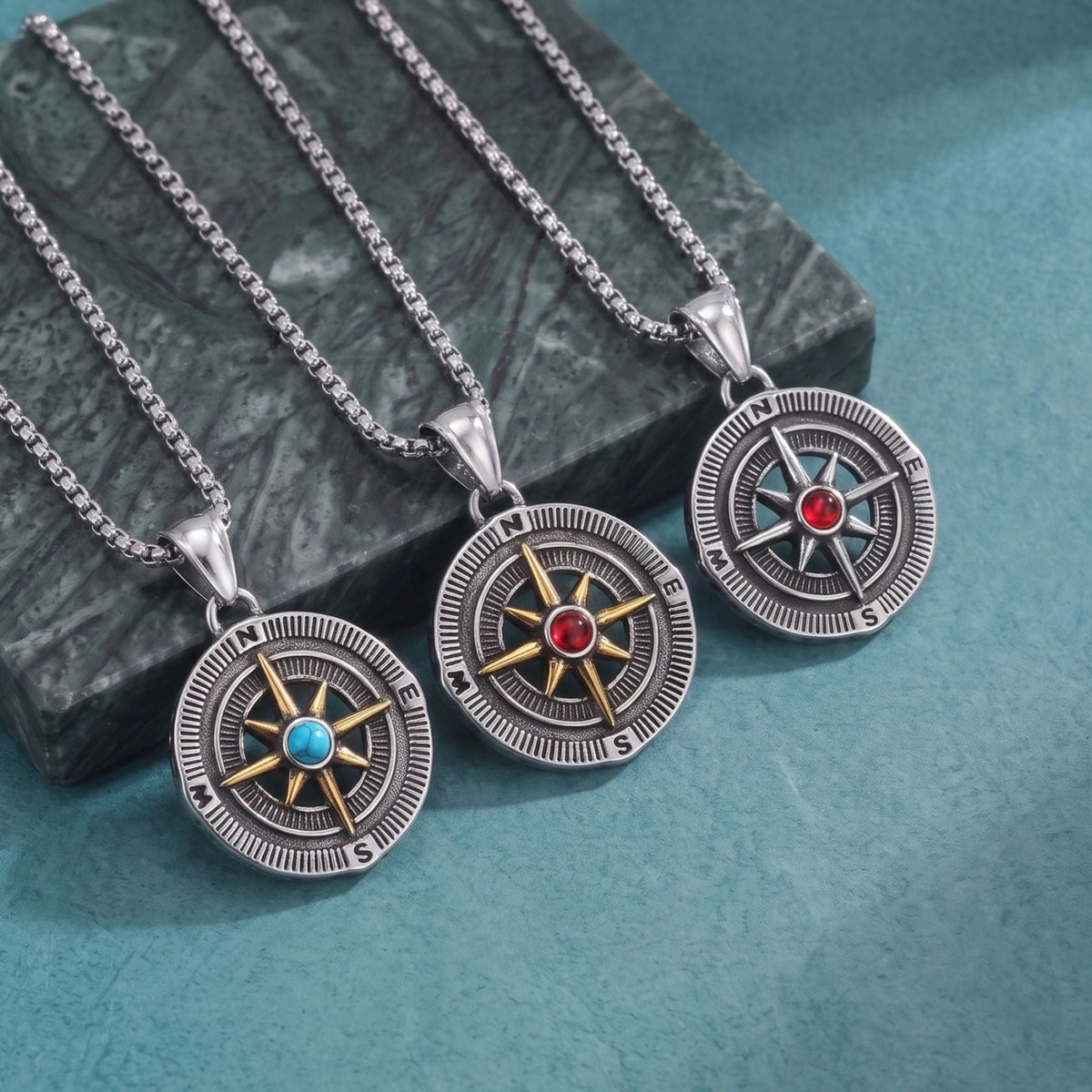 Collier boussole pour homme, en acier inoxydable, pendentif rose des vents avec pierre colorée au centre