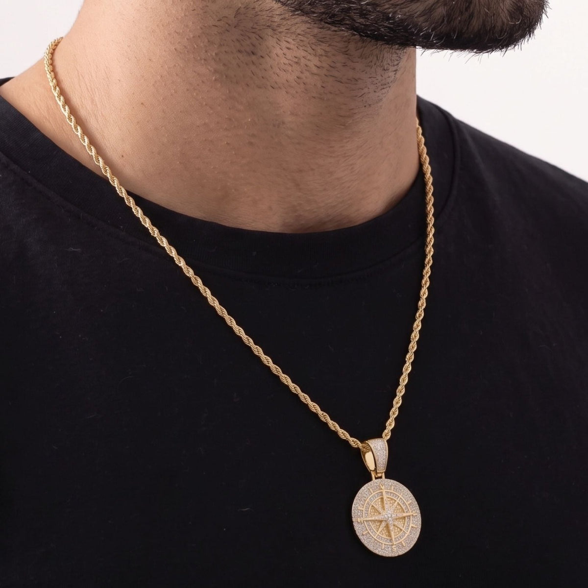 Collier boussole pour homme, en cuivre serti de zircon, pendentif rose des vents et chaîne torsadée