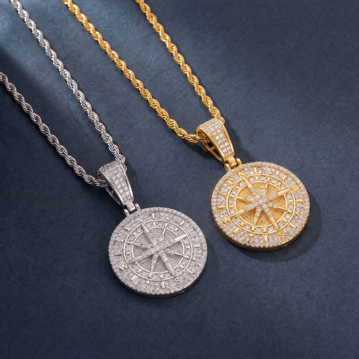 Collier boussole pour homme, en cuivre serti de zircon, pendentif rose des vents et chaîne torsadée