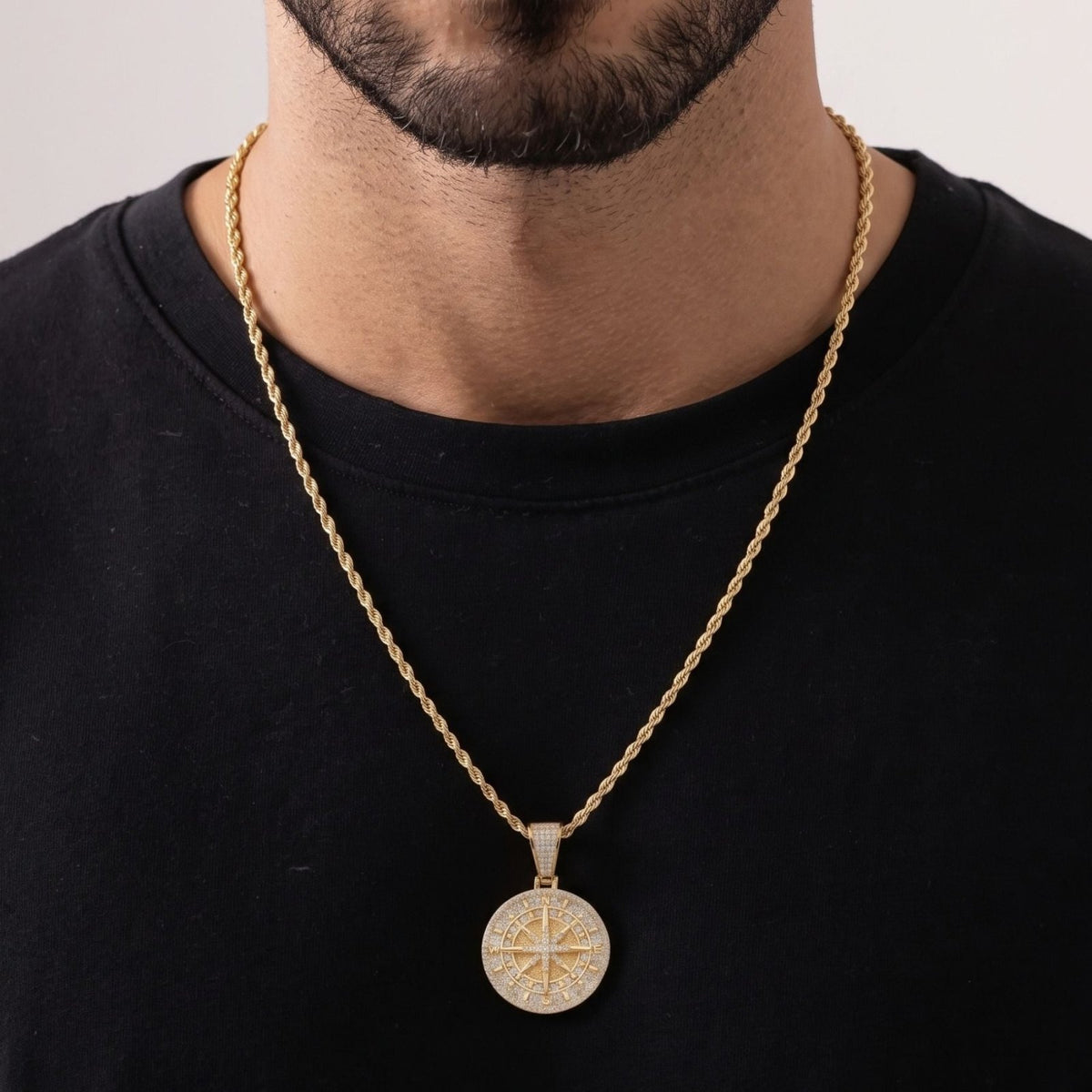Collier boussole pour homme, en cuivre serti de zircon, pendentif rose des vents et chaîne torsadée