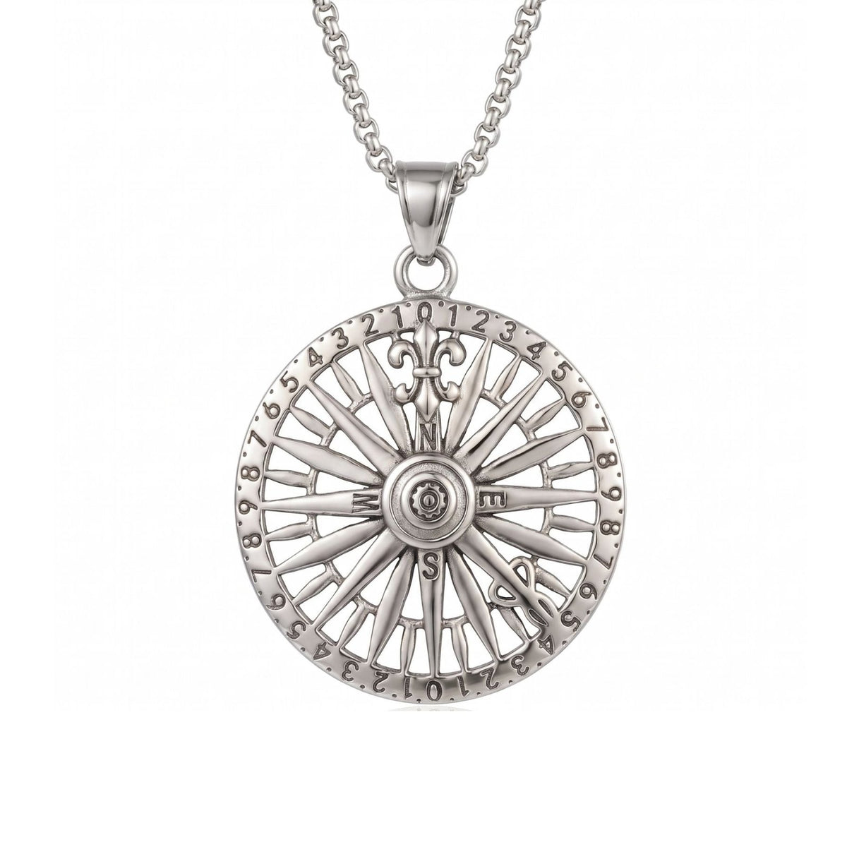 Collier boussole vintage pour homme, en acier titane, pendentif rose des vents ajouré au style marin