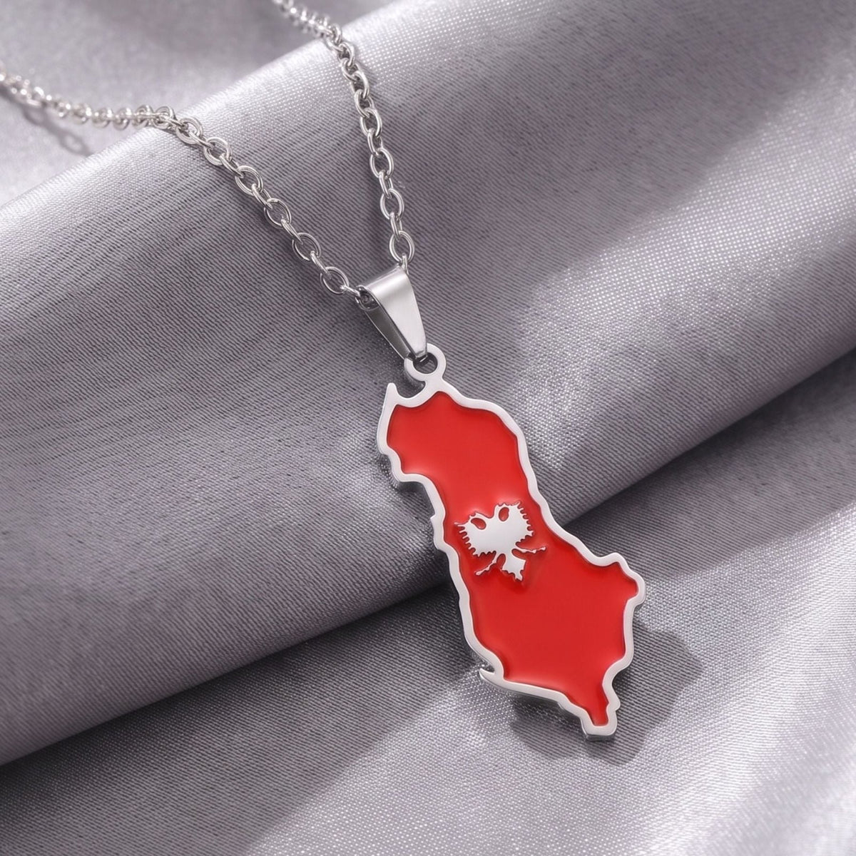 Collier carte d’Albanie unisexe, en acier inoxydable, pendentif émaillé rouge avec aigle bicéphale