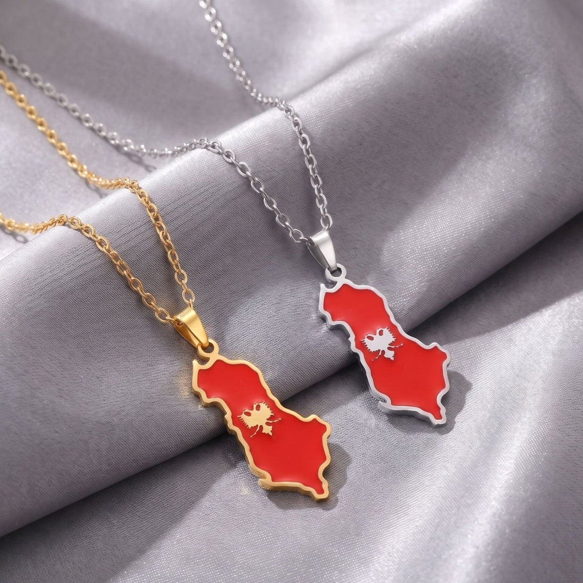 Collier carte d’Albanie unisexe, en acier inoxydable, pendentif émaillé rouge avec aigle bicéphale