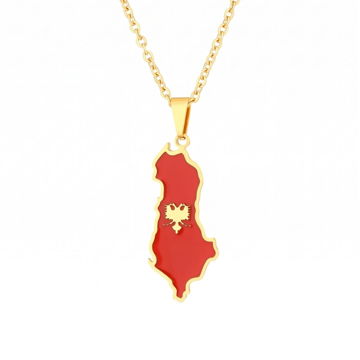 Collier carte d’Albanie unisexe, en acier inoxydable, pendentif émaillé rouge avec aigle bicéphale