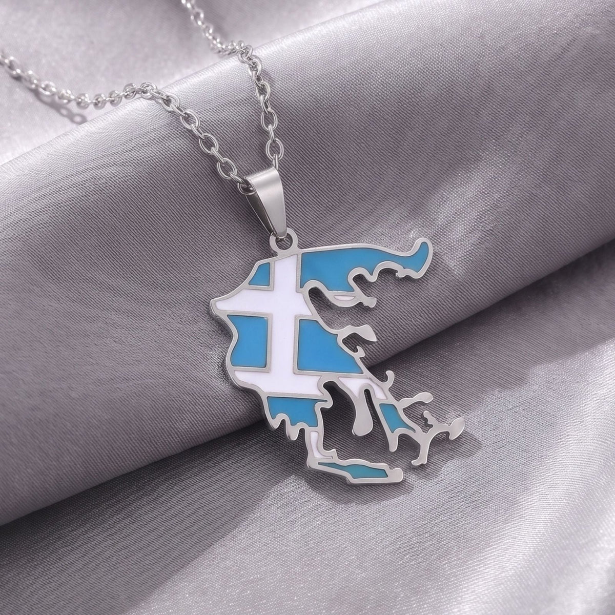 Collier carte de Grèce unisexe, en acier inoxydable, pendentif émaillé aux couleurs du drapeau grec