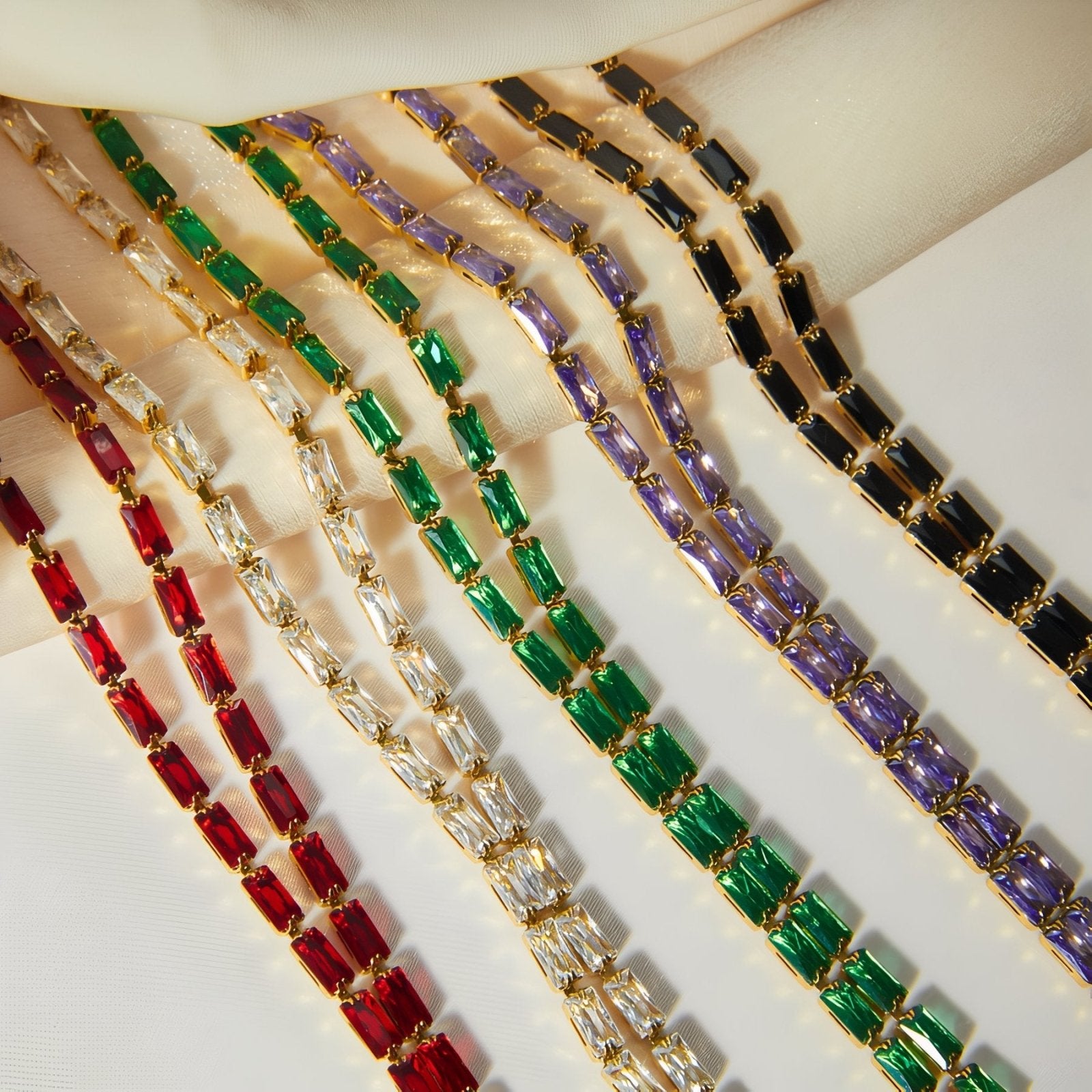 Collier chaîne cravate doré femme, strass rectangulaires colorés, acier inoxydable plaqué or 18K