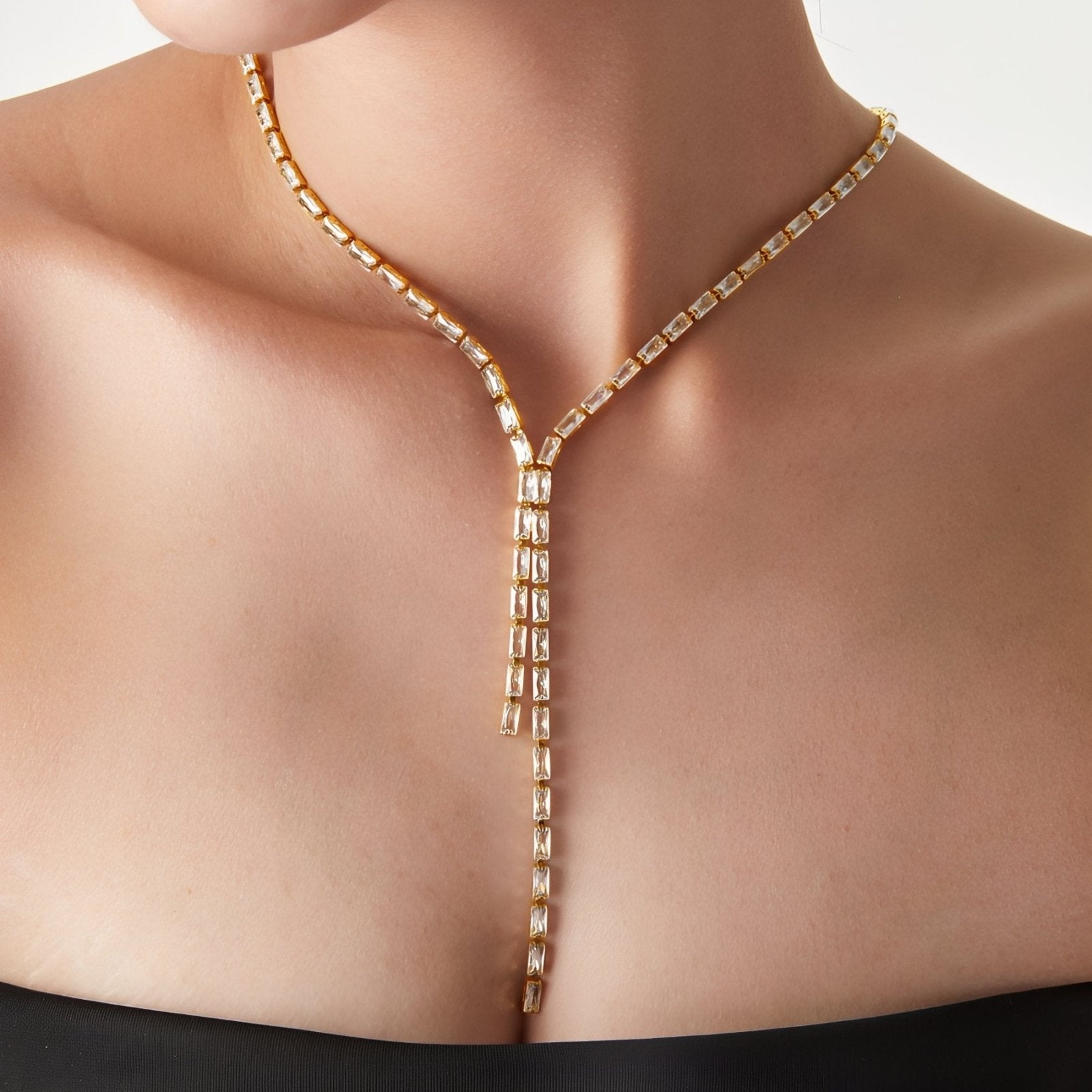 Collier chaîne cravate doré femme, strass rectangulaires colorés, acier inoxydable plaqué or 18K