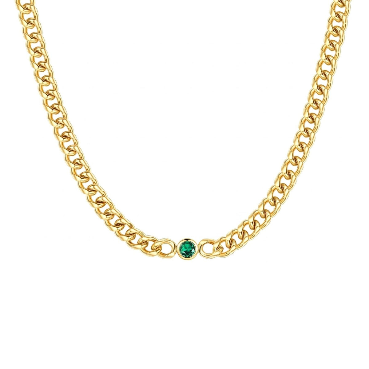 Collier chaîne gourmette pour femme, en acier inoxydable doré, orné d’une pierre centrale verte