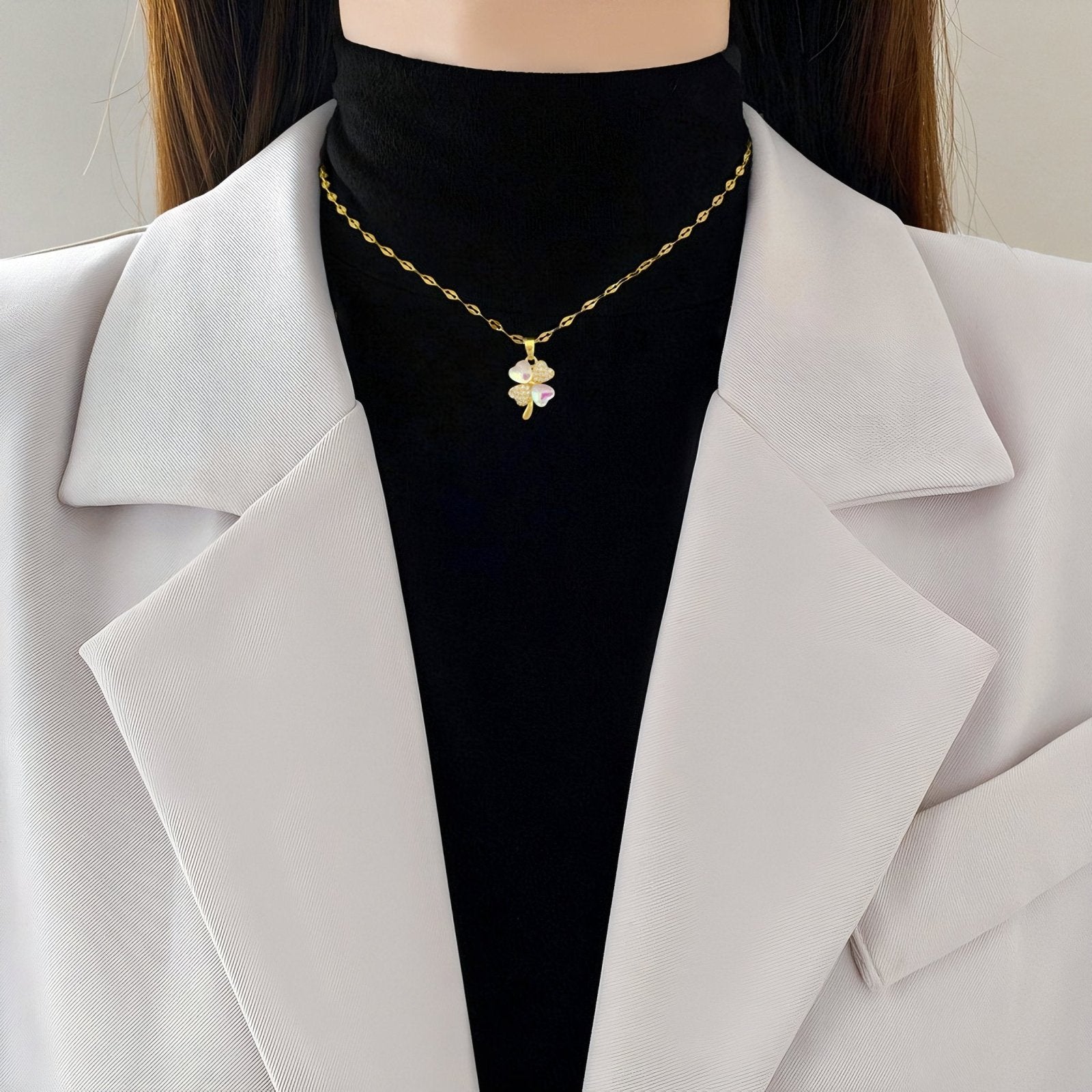 Collier chance pendentif trèfle nacré rose, zircon brillant, en acier doré, bijou symbolique, modèle Journey
