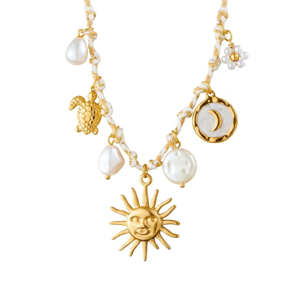 Collier charms à pendentif soleil pour femme, en acier inoxydable doré, cordon blanc avec tortue et perles