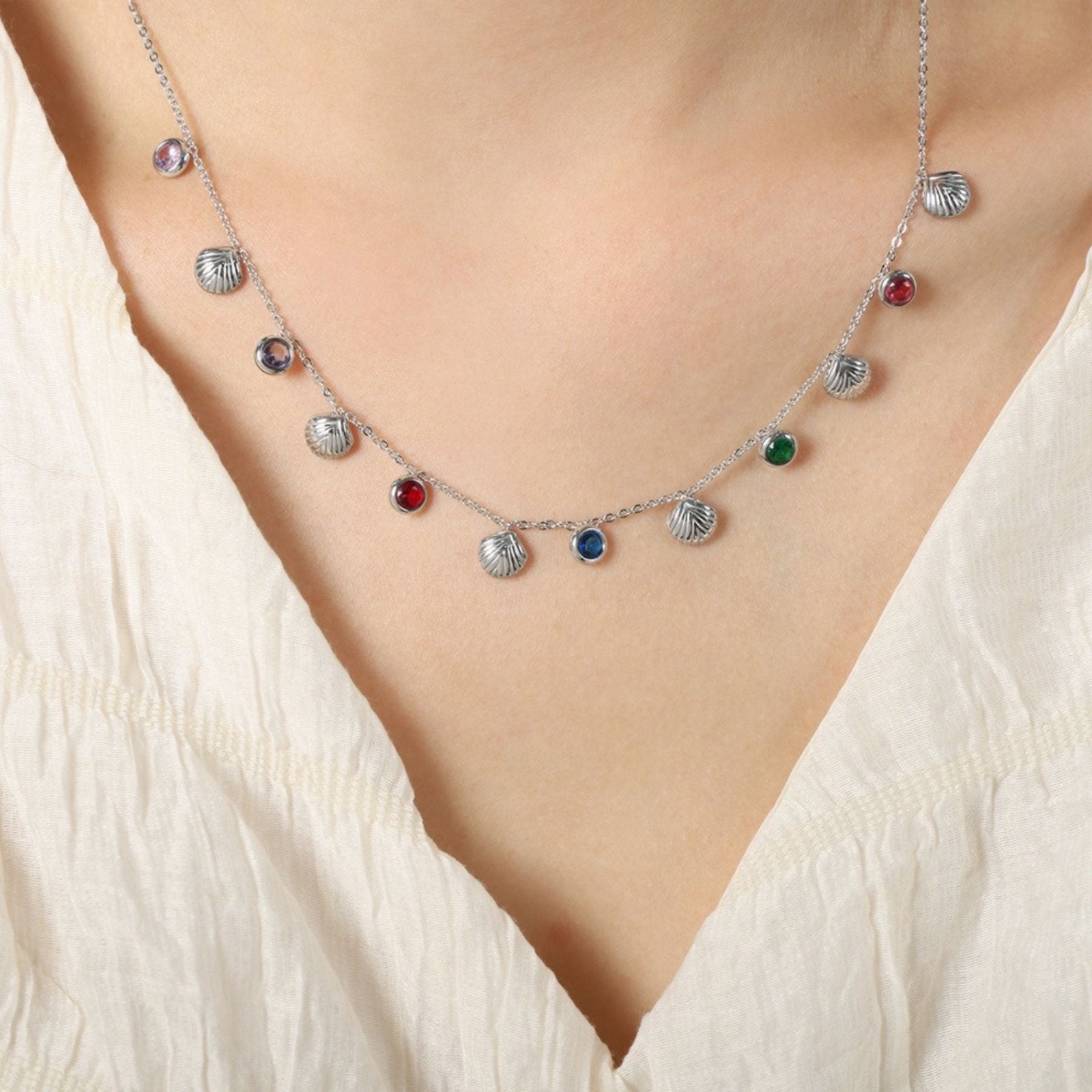 Collier charms coquillage pour femme, avec zircon, en acier inoxydable