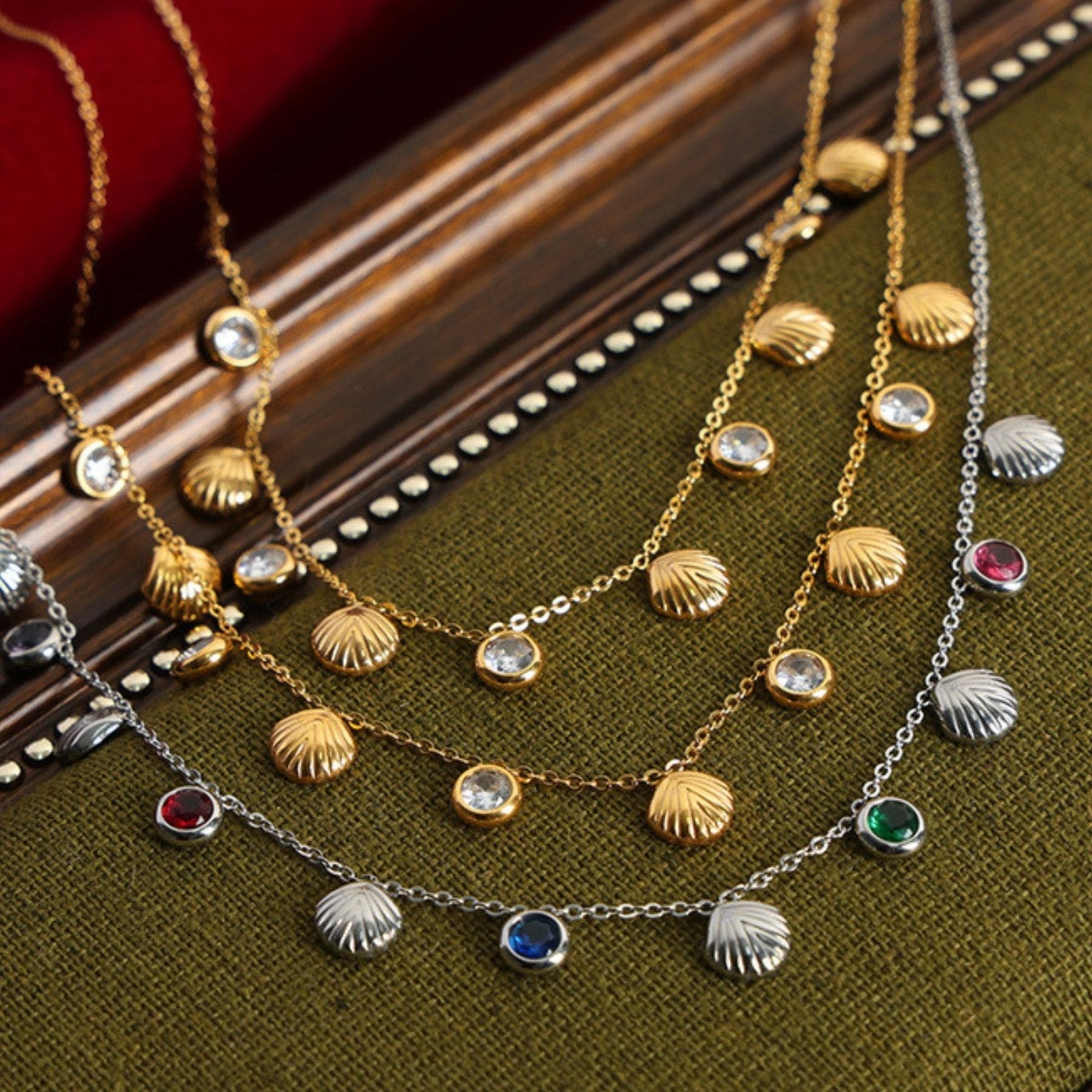 Collier charms coquillage pour femme, avec zircon, en acier inoxydable