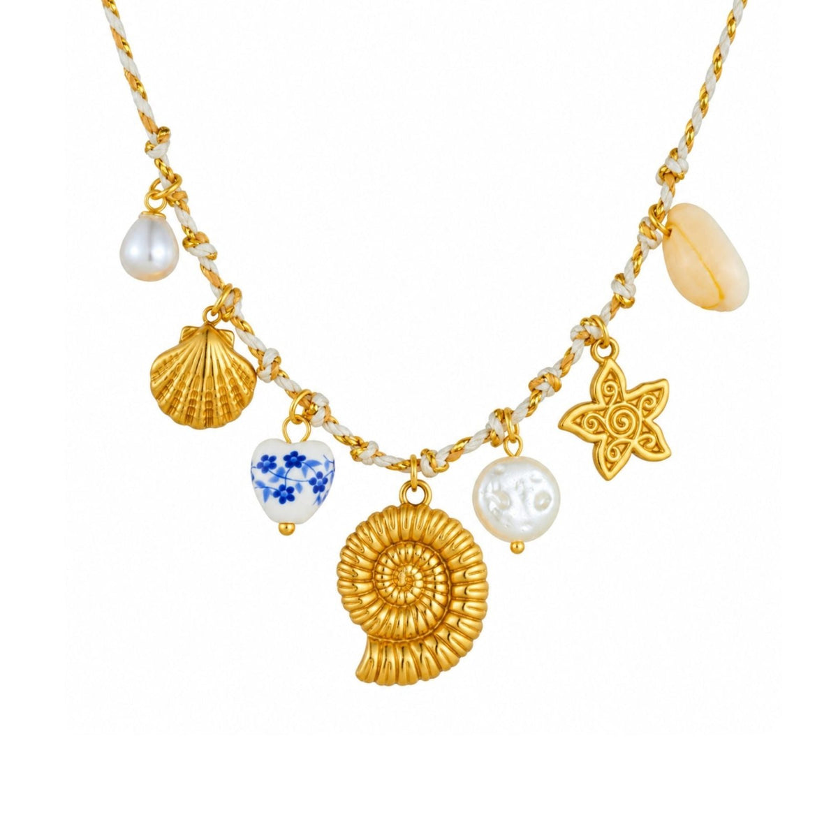 Collier charms coquillage pour femme, en acier inoxydable doré, cordon blanc orné de perles et motifs marins