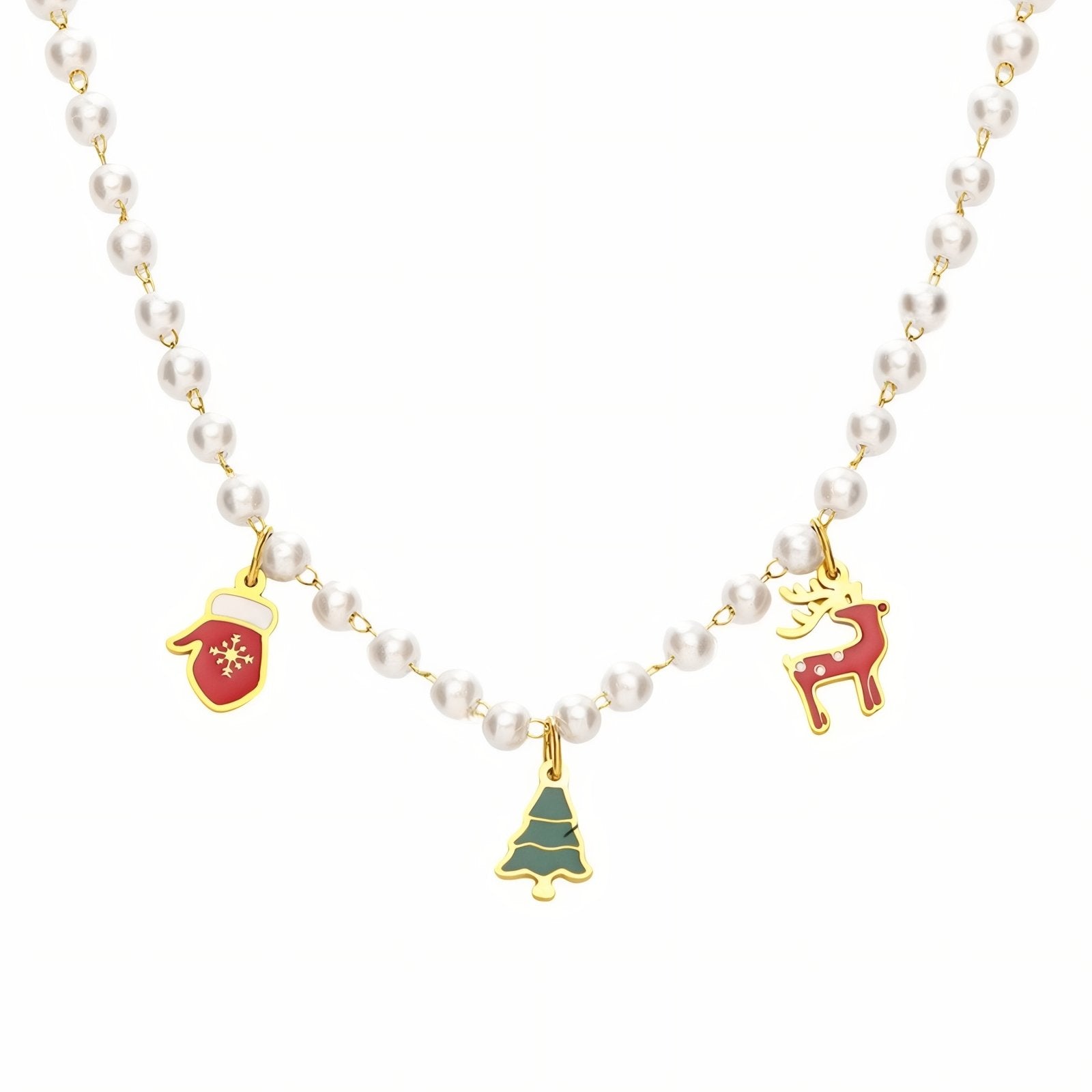 Collier charms de Noël pour femme, pendentifs sapin ou père noël, en perles de nacre et acier inoxydable