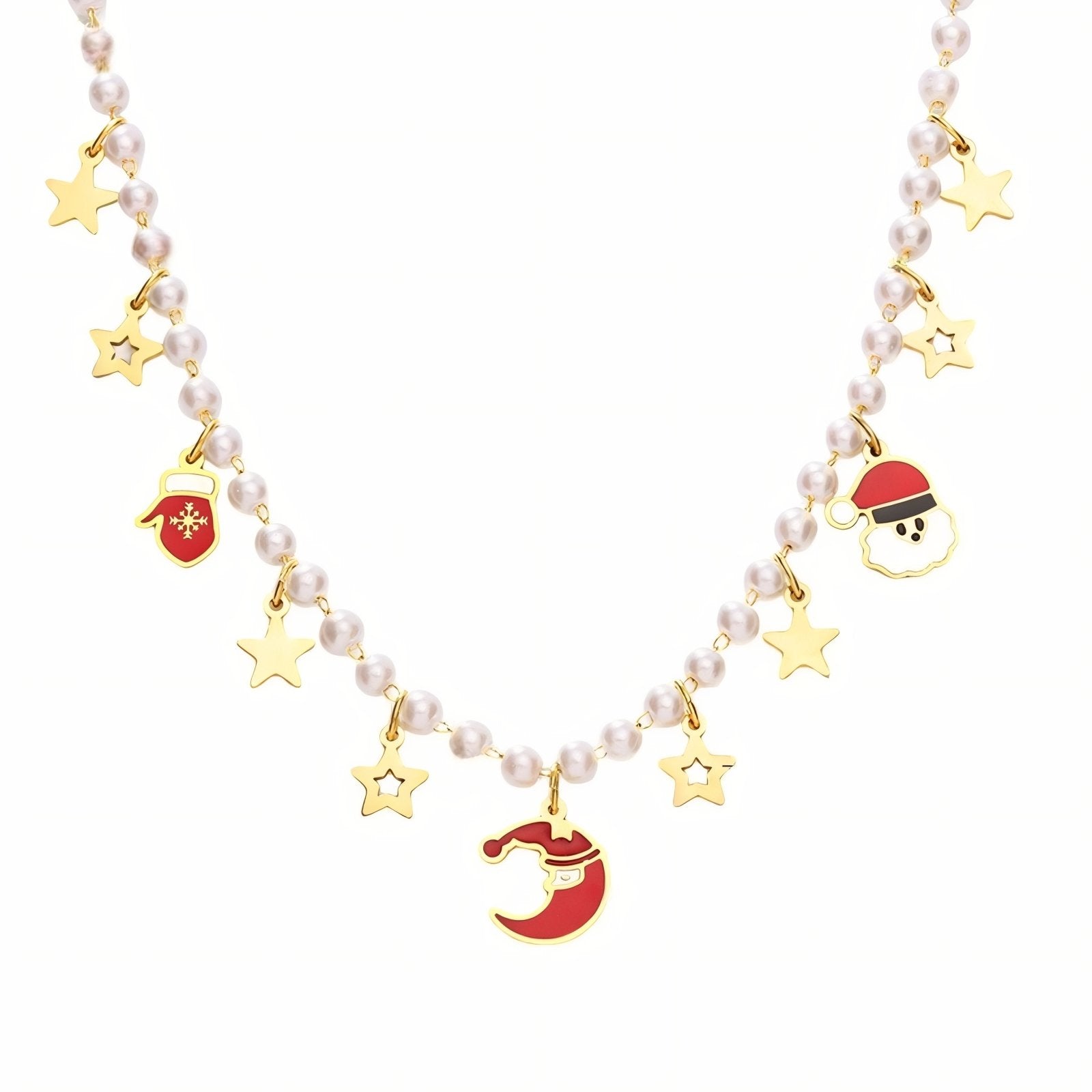 Collier charms de Noël pour femme, pendentifs sapin ou père noël, en perles de nacre et acier inoxydable